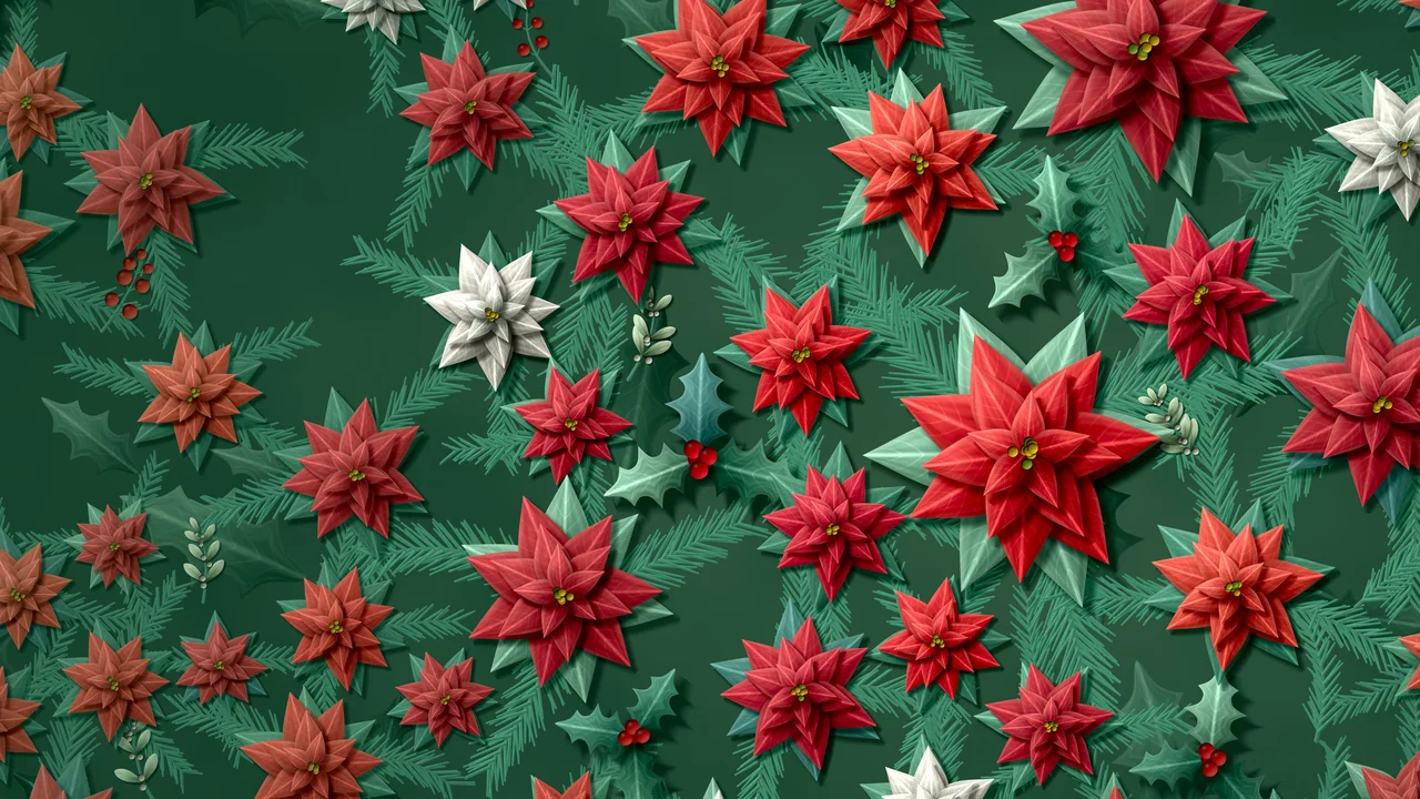 Dark Green Holly and Poinsettia Pattern desktop wallpaper in 4K