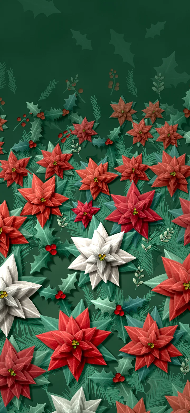 Dark Green Holly and Poinsettia Pattern wallpaper for iPhone and Android