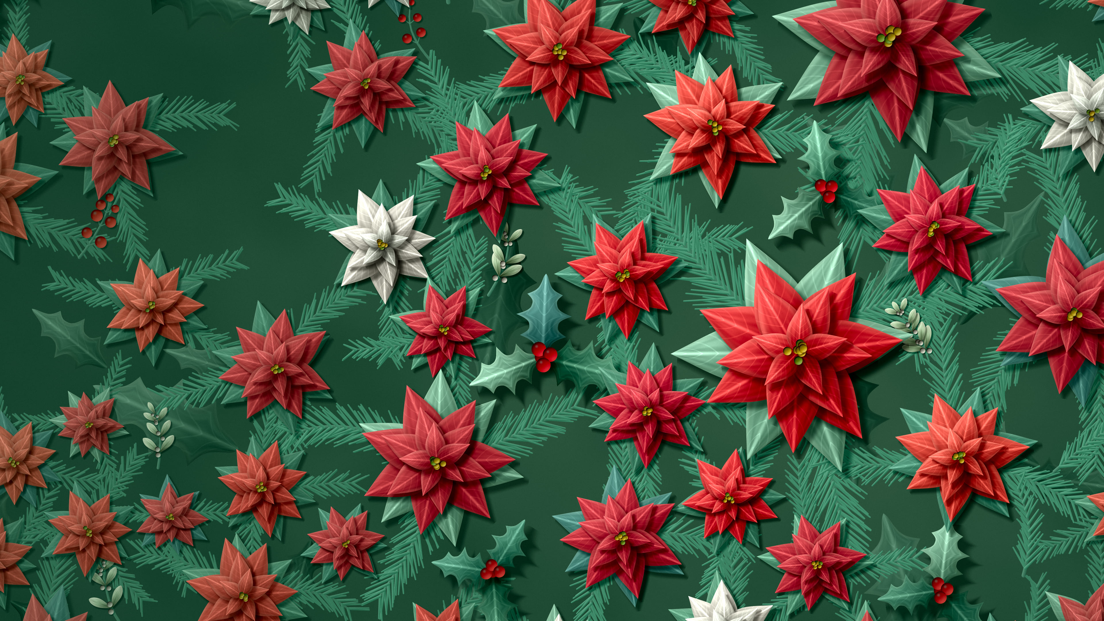 Dark Green Holly and Poinsettia Pattern desktop wallpaper in 4K