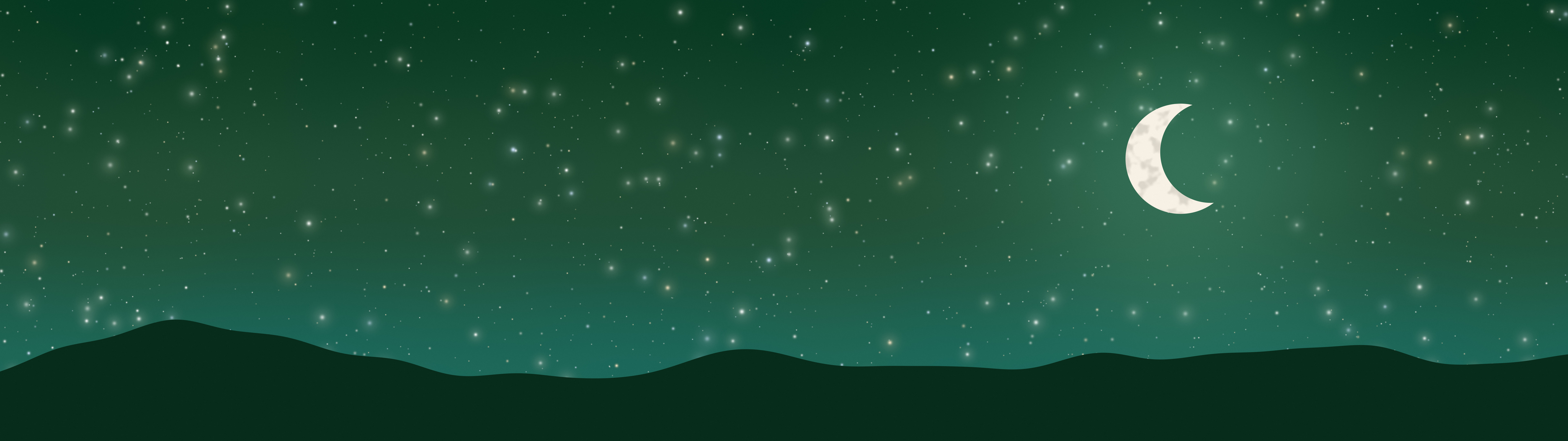 Dark Green Moon and Stars Night Sky dual monitor wallpaper, 7680 × 2160