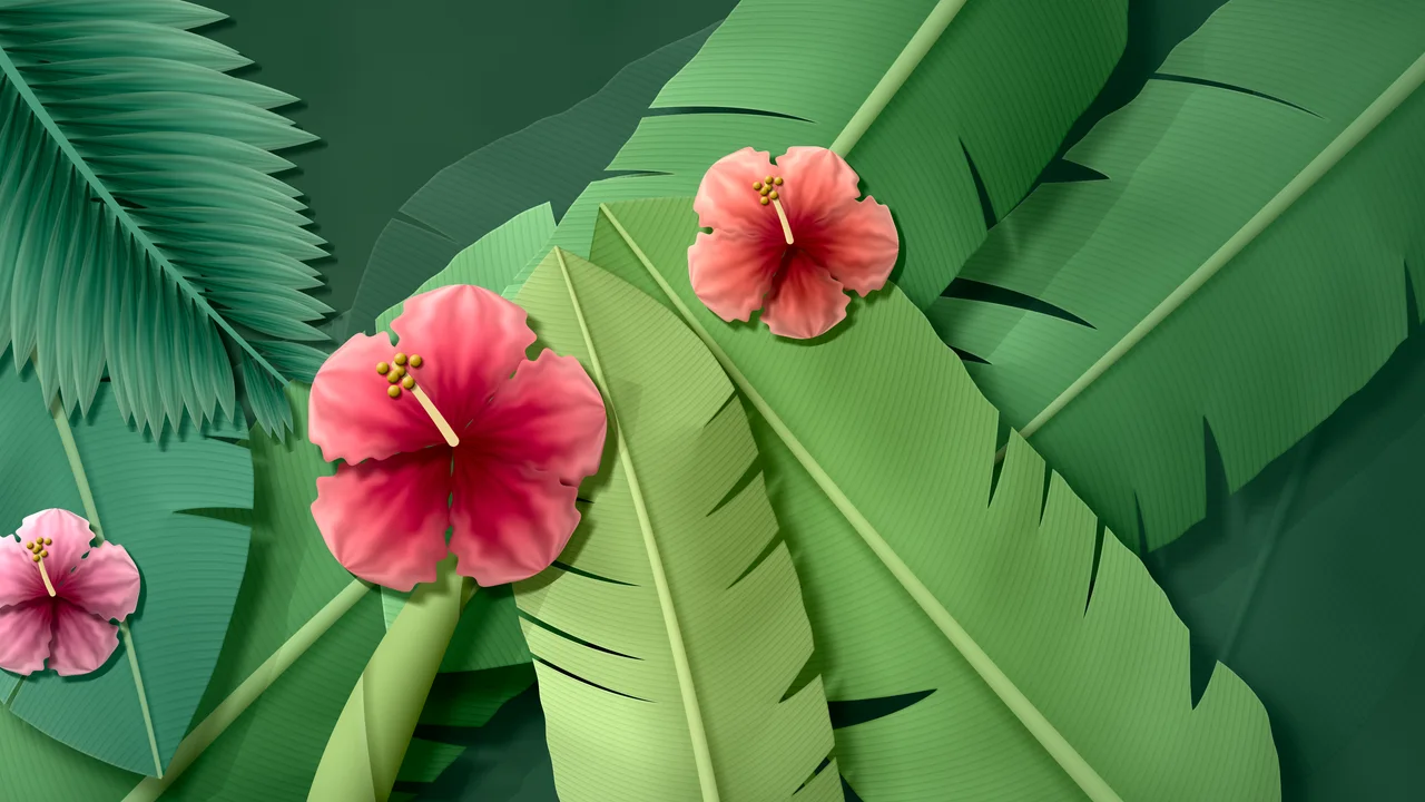 Dark Green Paper Banana Leaves and Hibiscus desktop wallpaper in 4K
