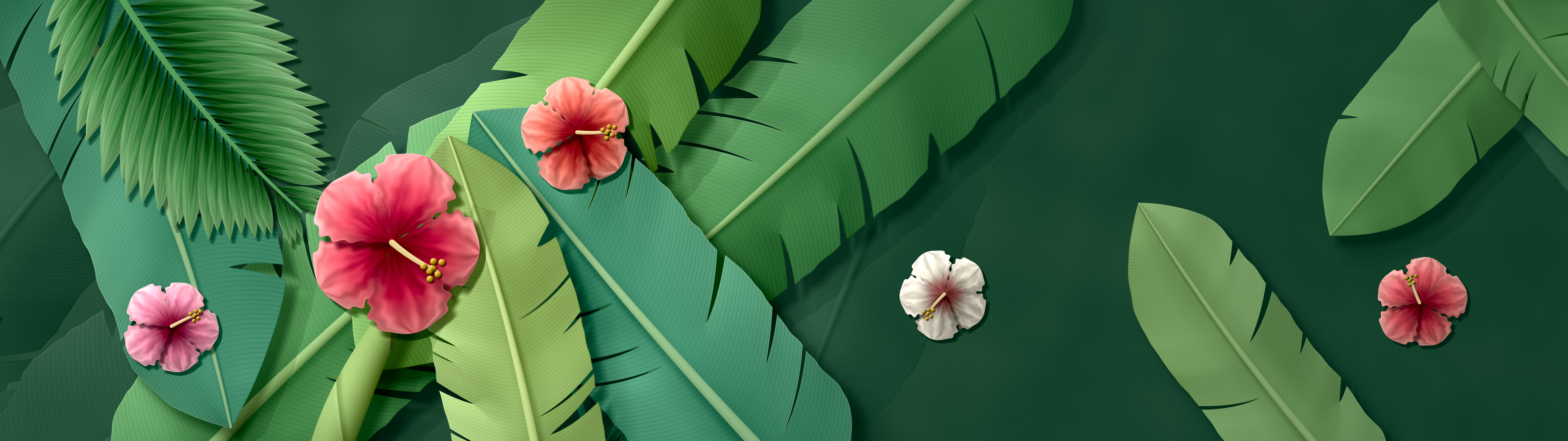 Dark Green Paper Banana Leaves and Hibiscus dual monitor wallpaper, 7680 × 2160