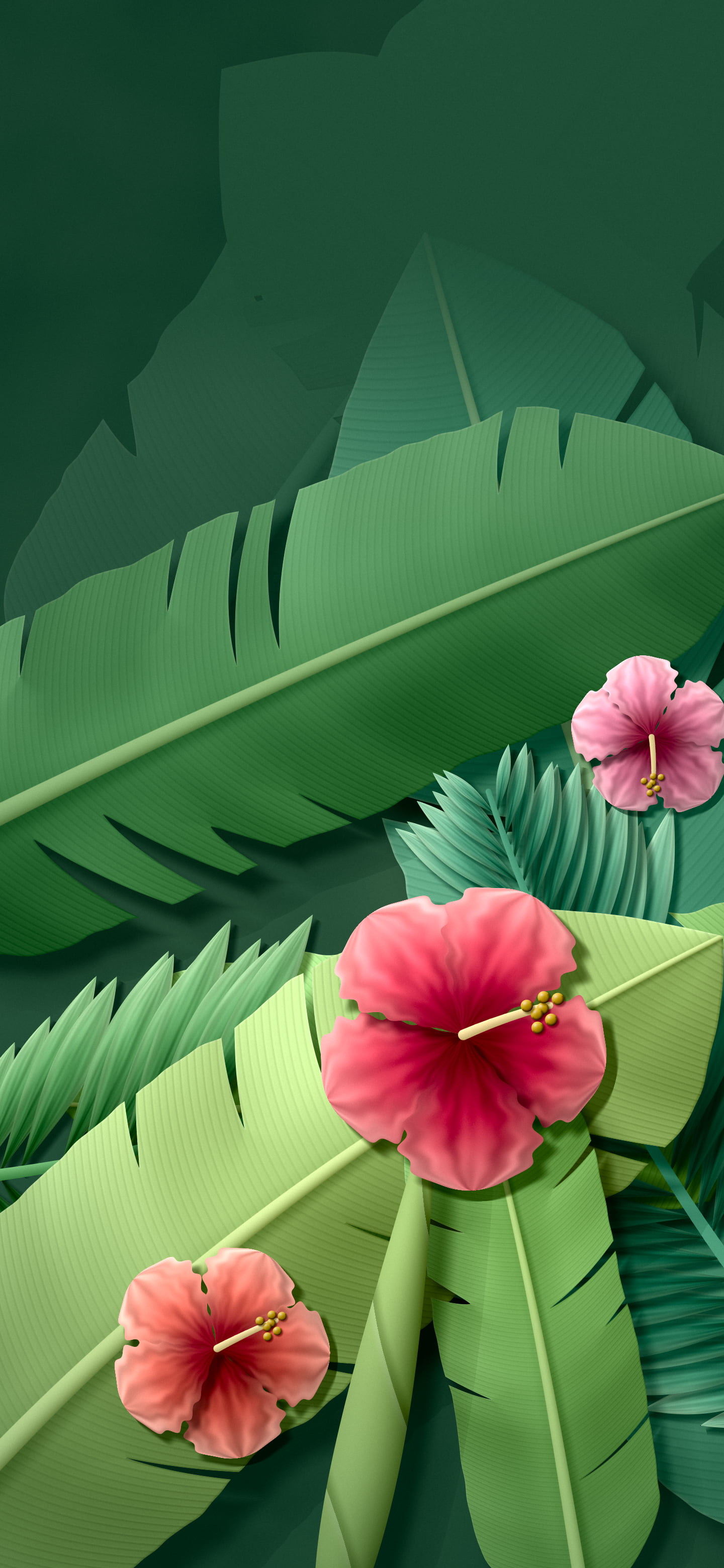 Dark Green Paper Banana Leaves and Hibiscus wallpaper for iPhone and Android