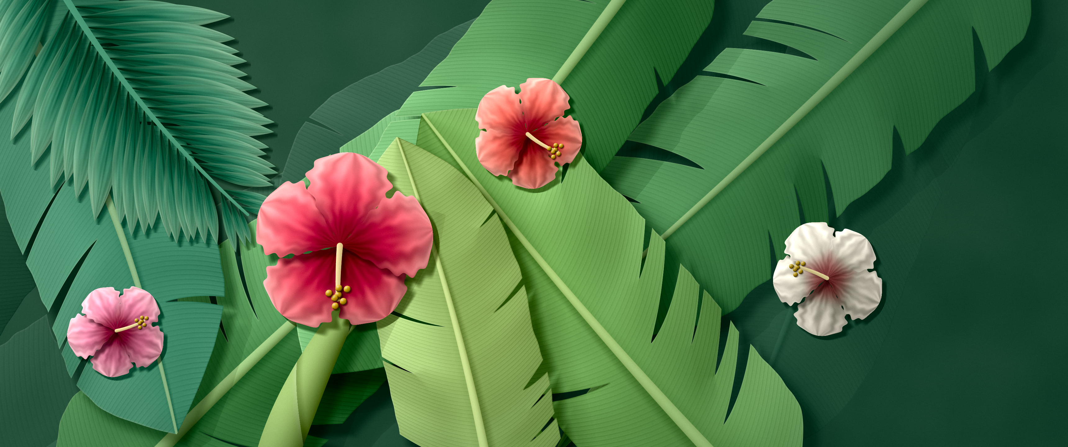 Dark Green Paper Banana Leaves and Hibiscus ultrawide wallpaper, 3440 × 1440