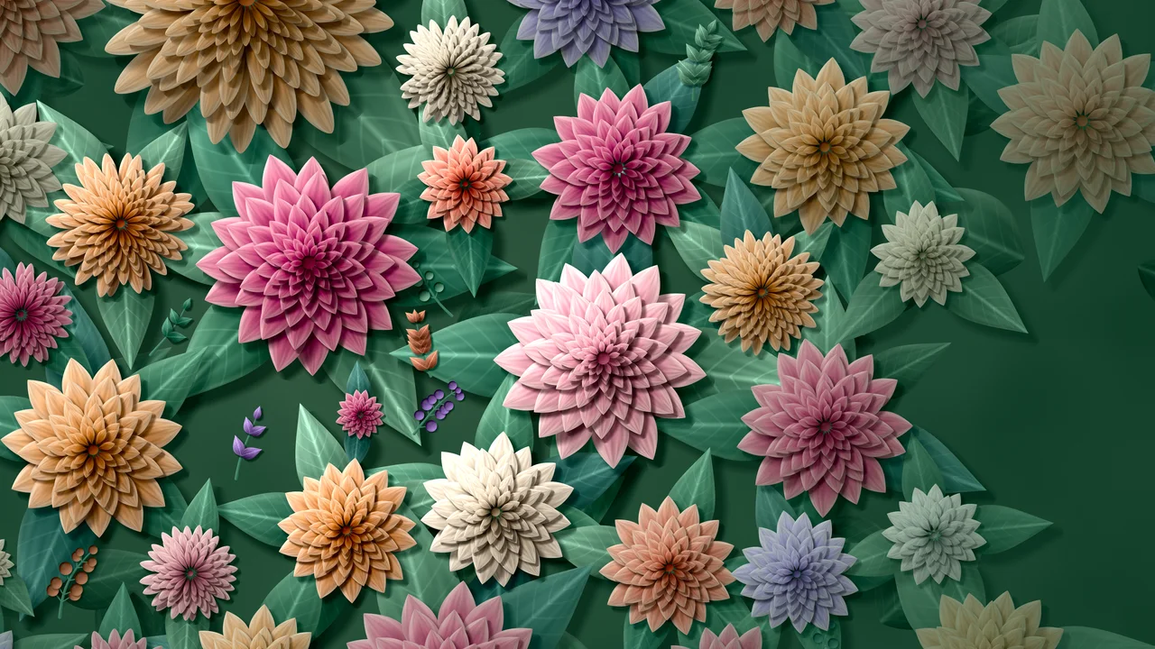 Dark Green Paper Dahlia Pattern desktop wallpaper in 4K