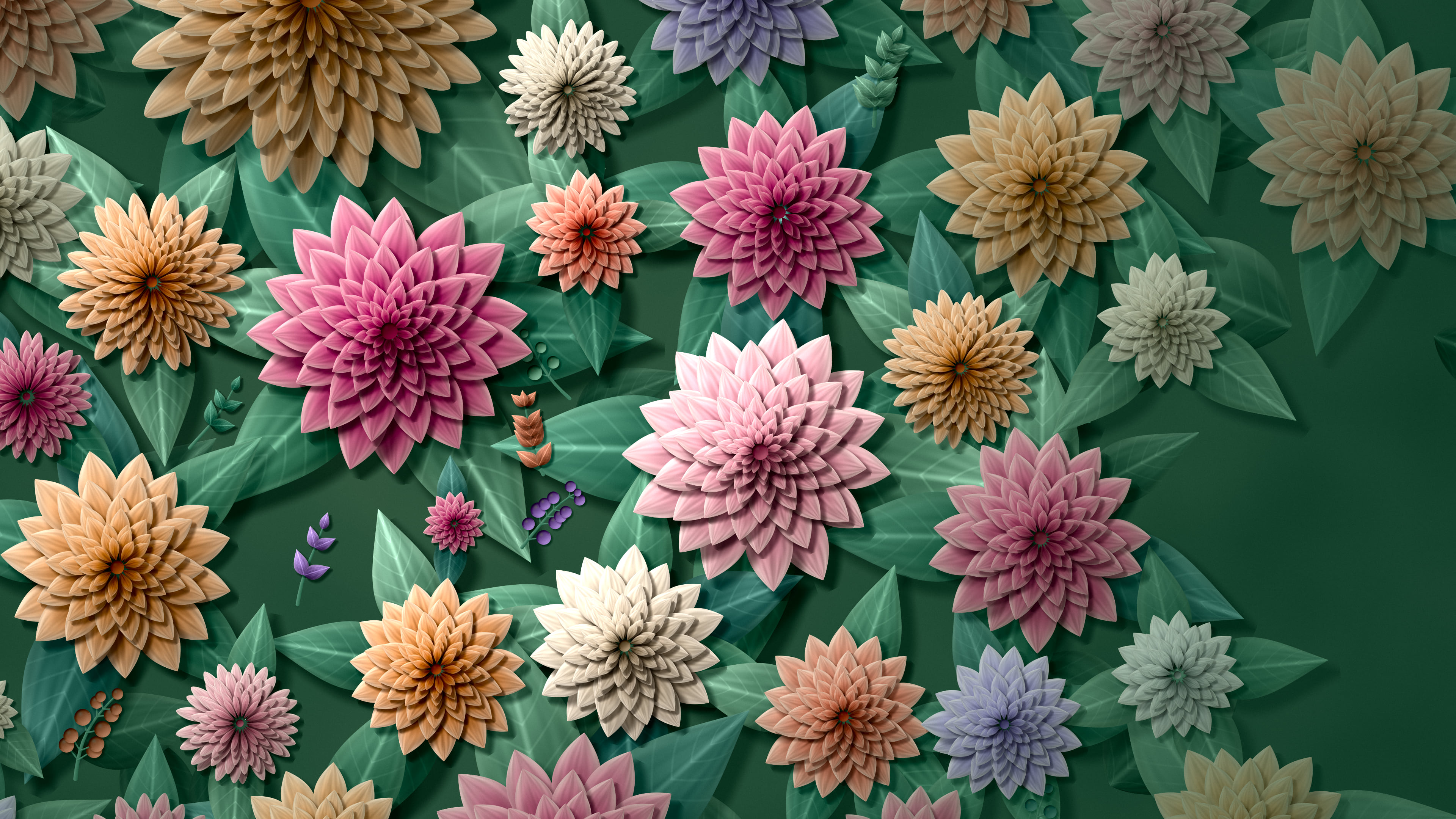 Dark Green Paper Dahlia Pattern desktop wallpaper in 4K