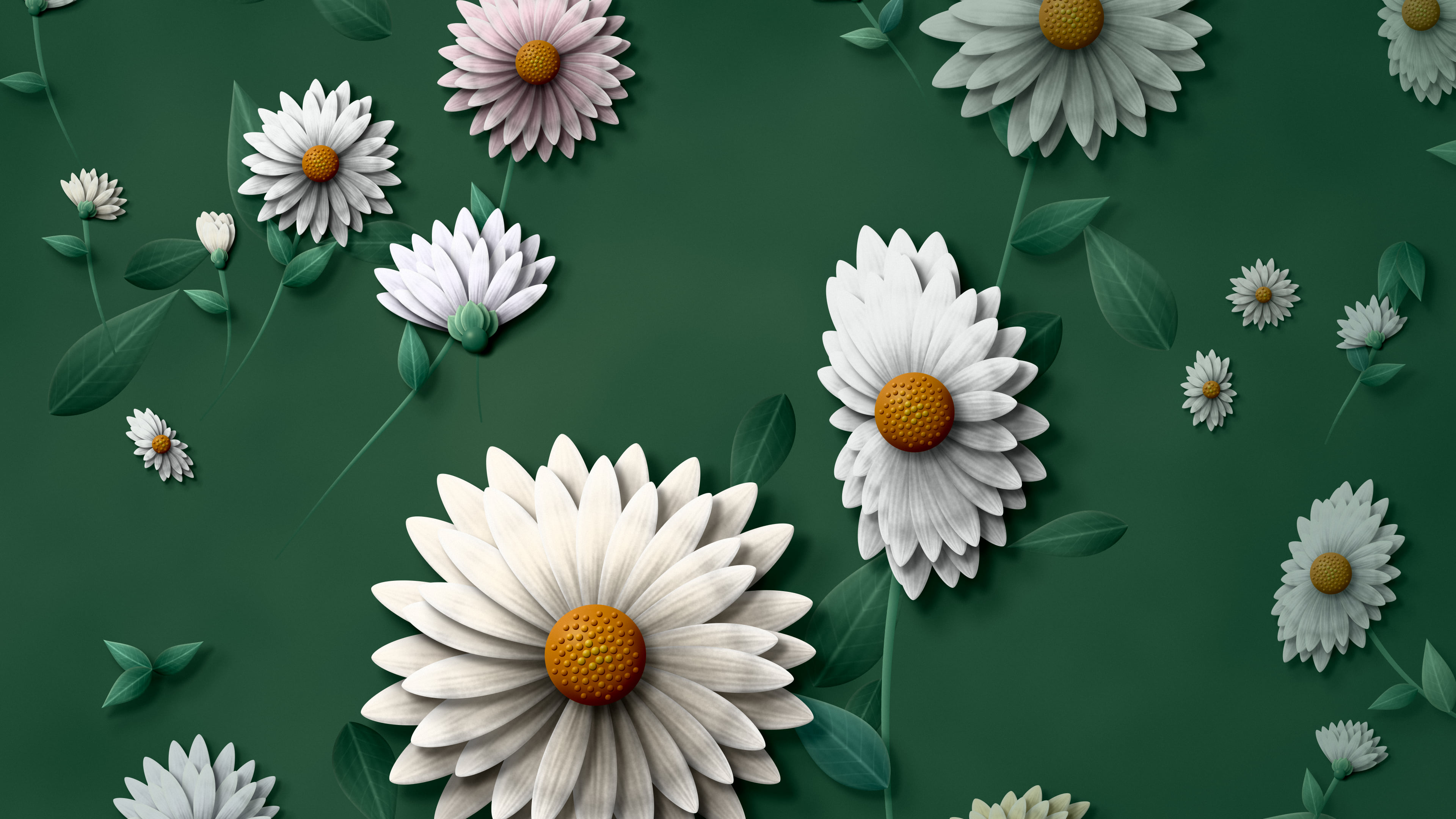 Dark Green Paper Daisy Pattern desktop wallpaper in 4K