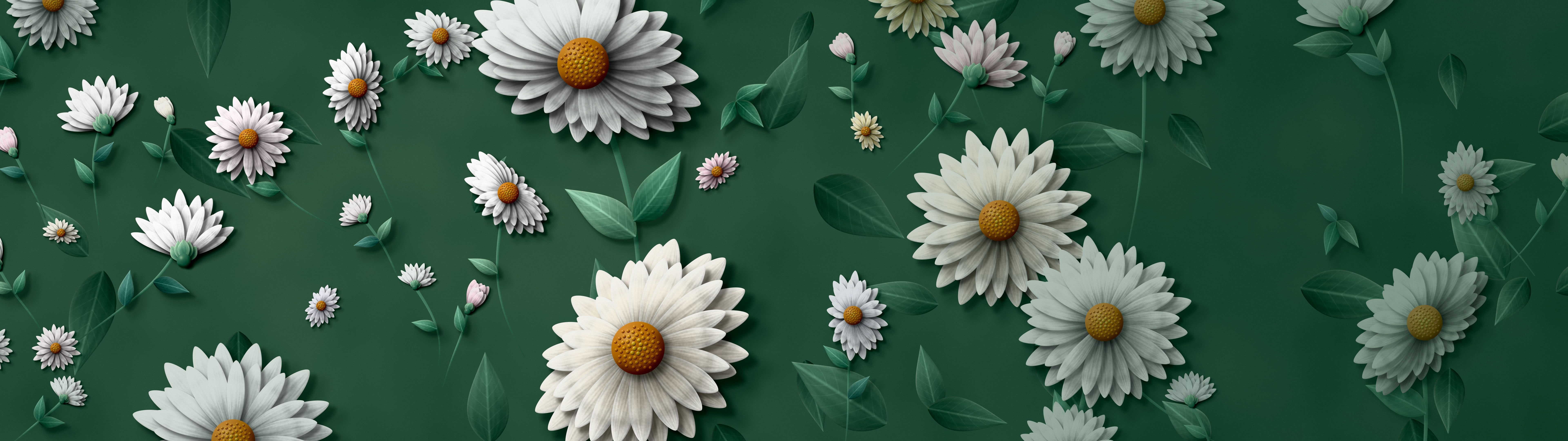 Dark Green Paper Daisy Pattern dual monitor wallpaper, 7680 × 2160