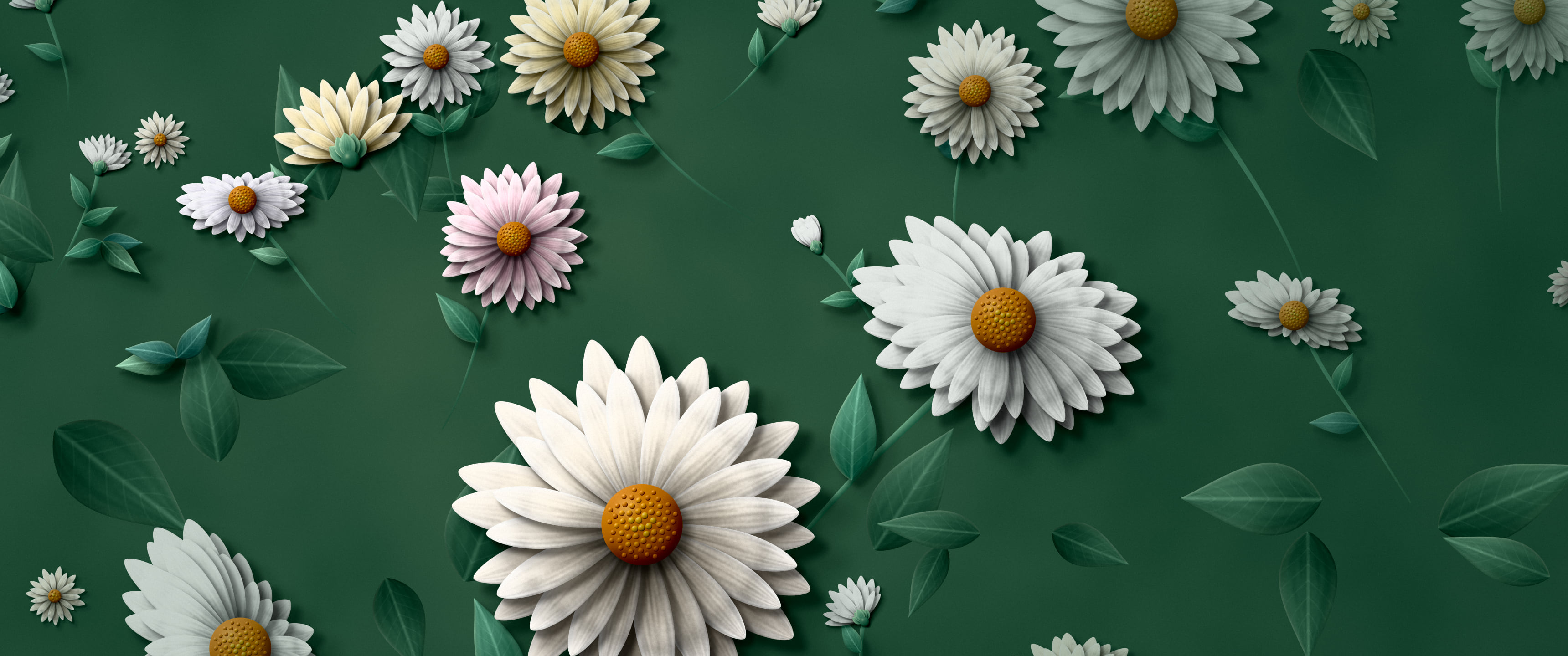 Dark Green Paper Daisy Pattern ultrawide wallpaper, 3440 × 1440