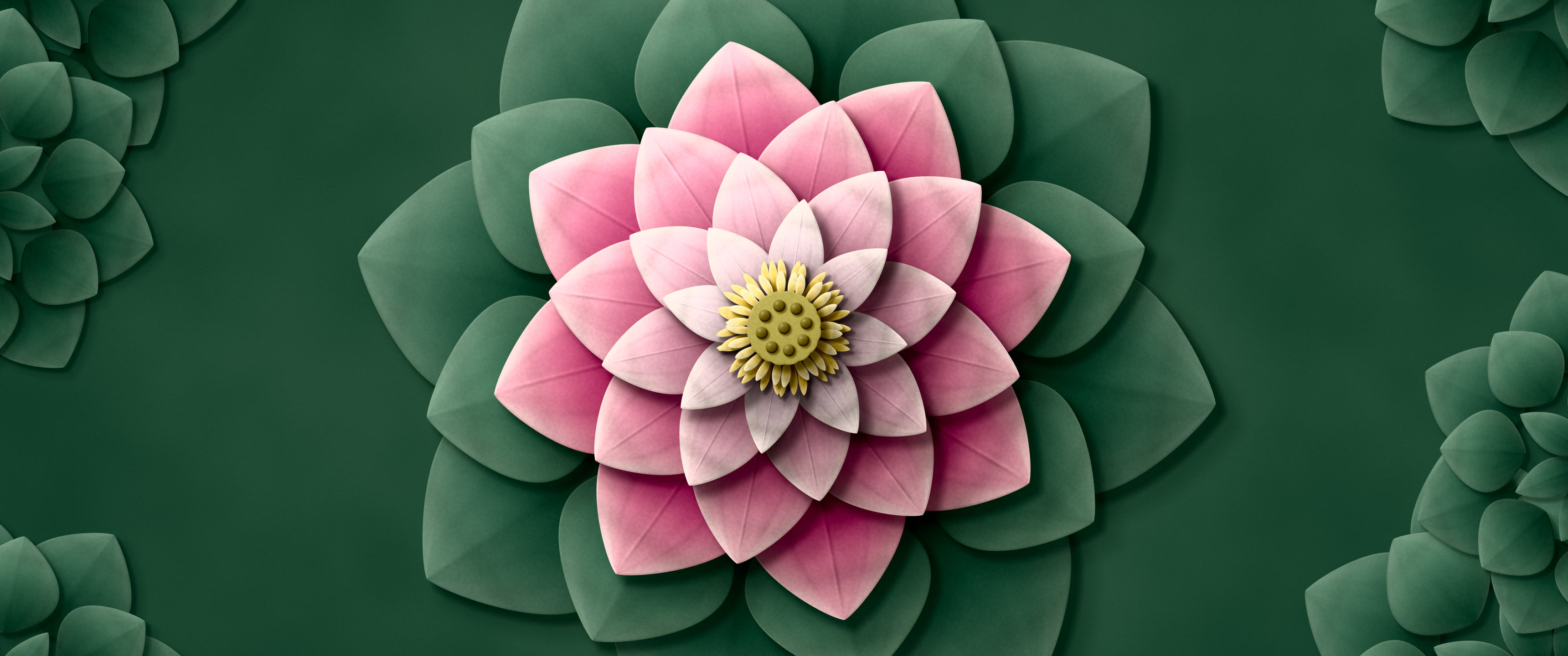 Dark Green Paper Lotus Mandala ultrawide wallpaper, 3440 × 1440