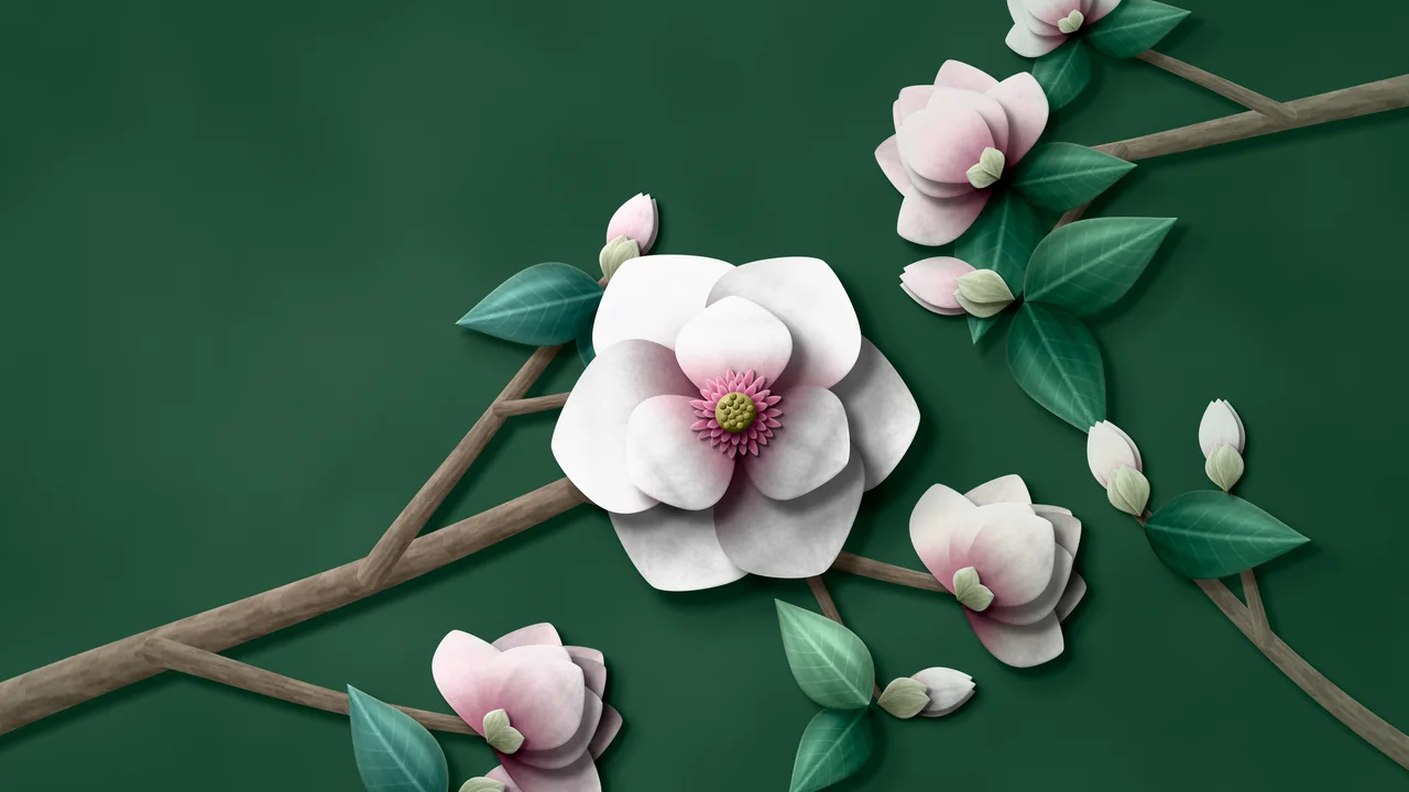 Dark Green Paper Magnolia Branch desktop wallpaper in 4K