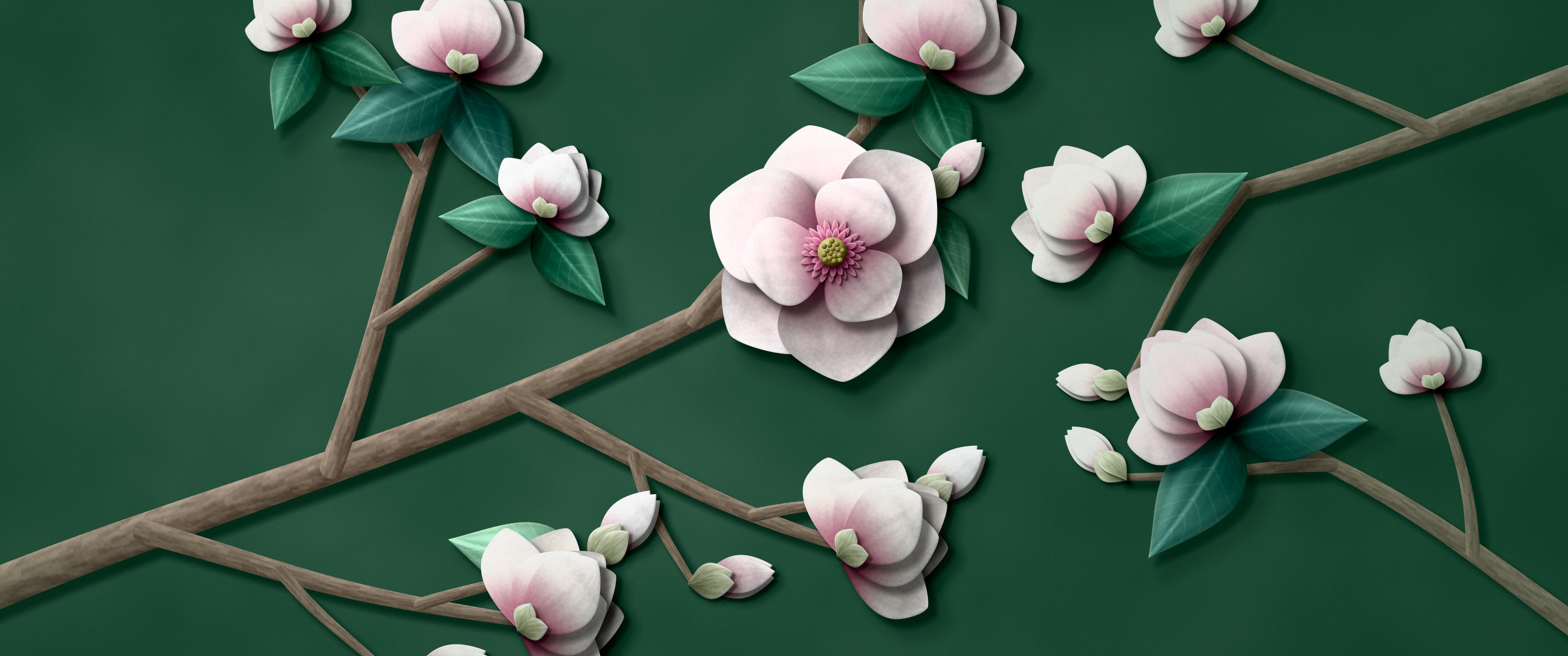 Dark Green Paper Magnolia Branch ultrawide wallpaper, 3440 × 1440