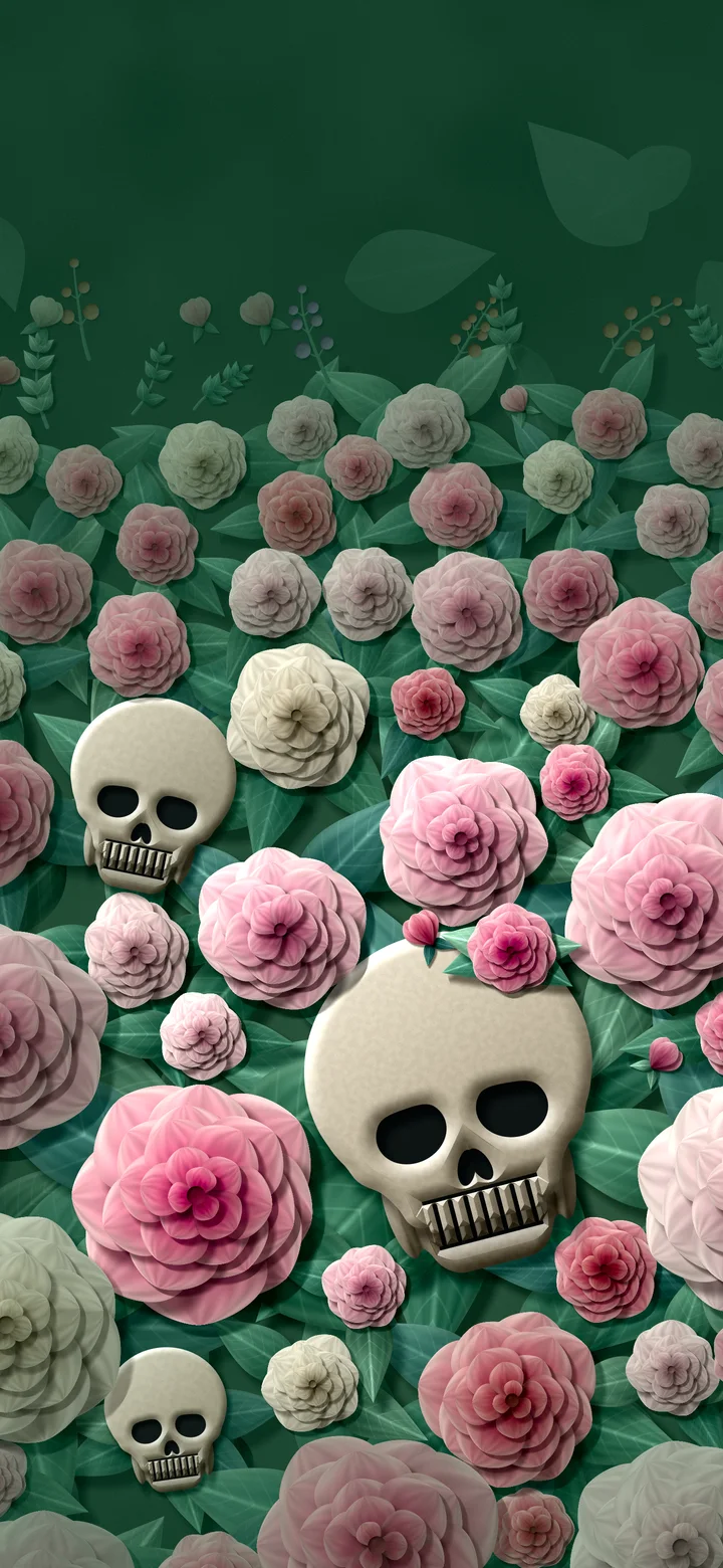 Dark Green Paper Skulls and Roses wallpaper for iPhone and Android