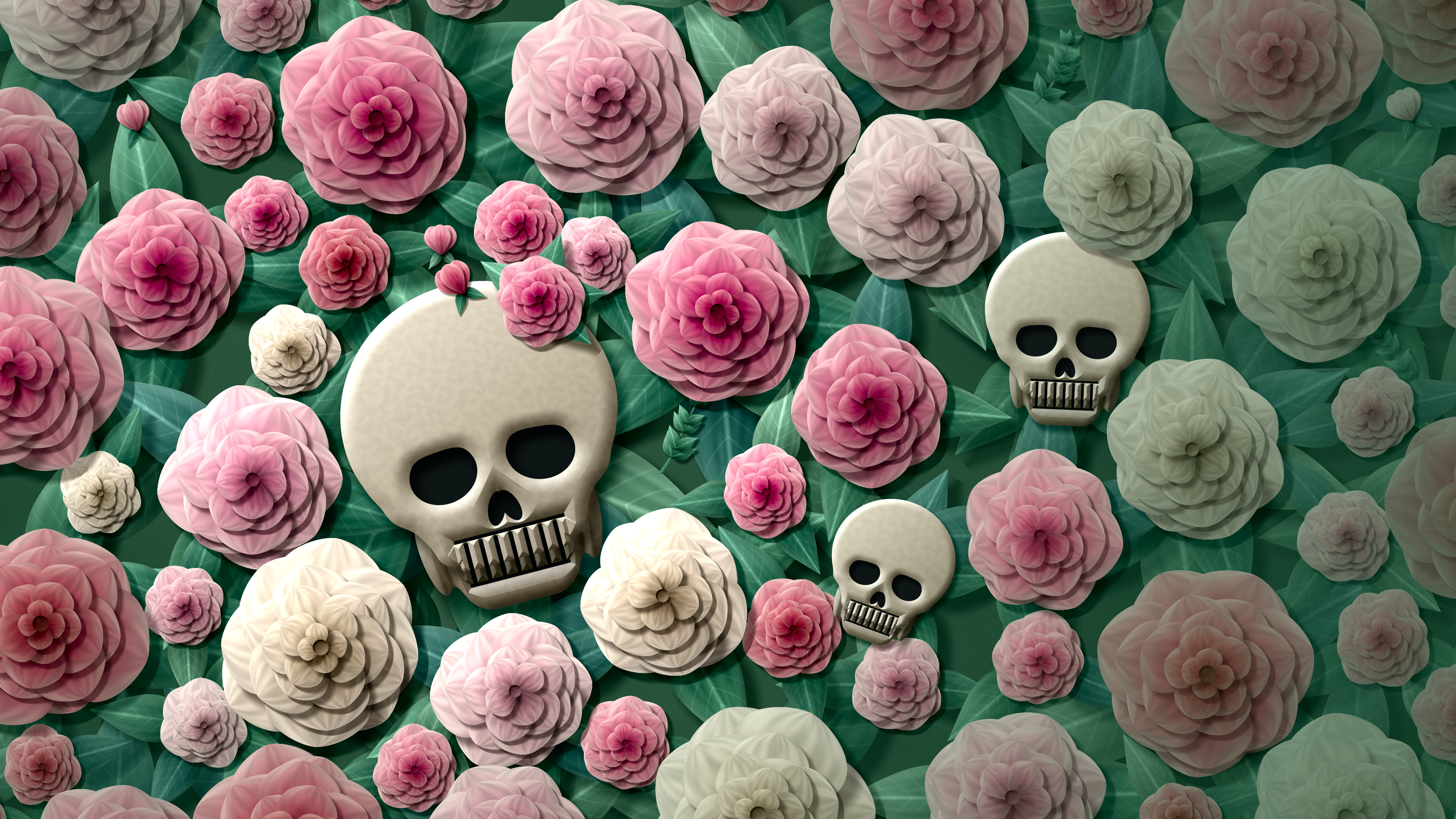 Dark Green Paper Skulls and Roses desktop wallpaper in 4K