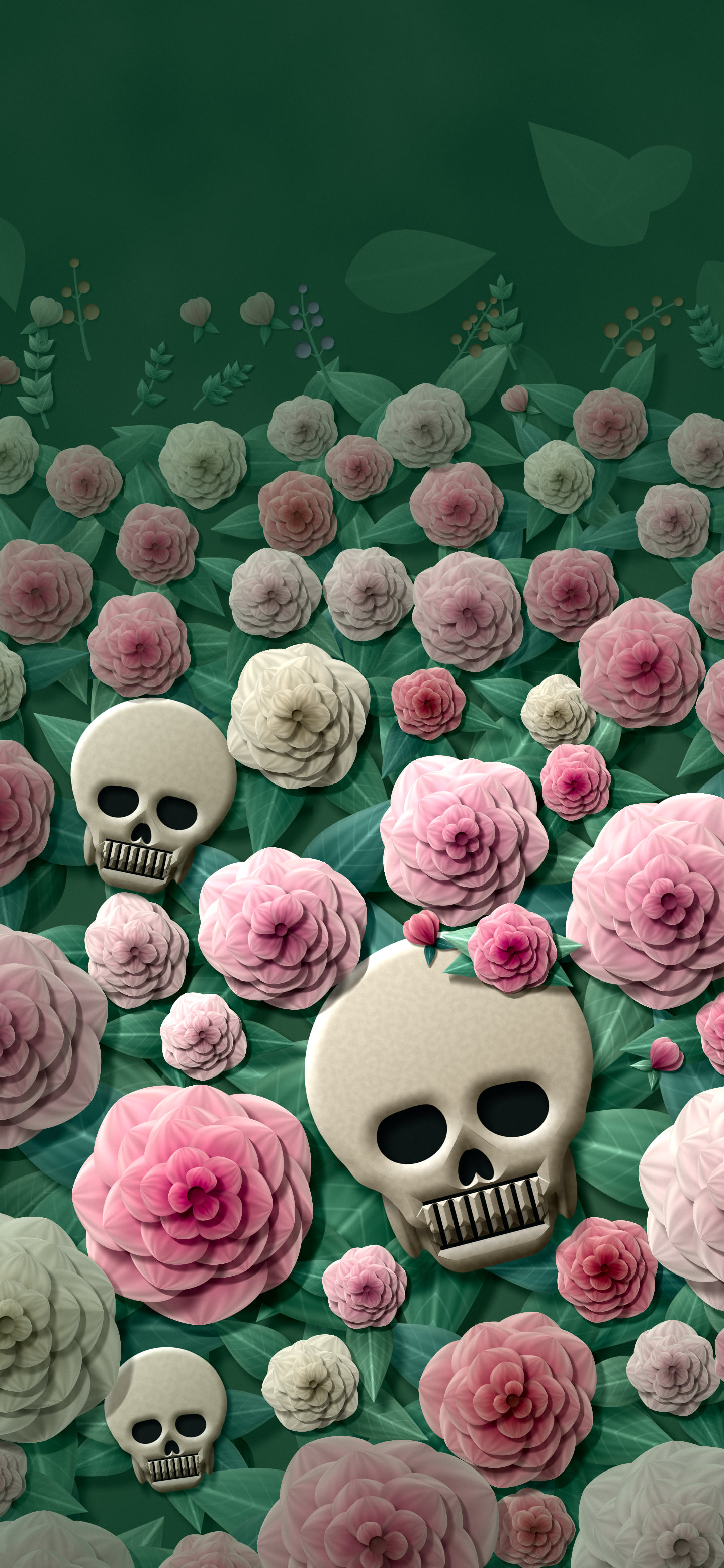 Dark Green Paper Skulls and Roses wallpaper for iPhone and Android