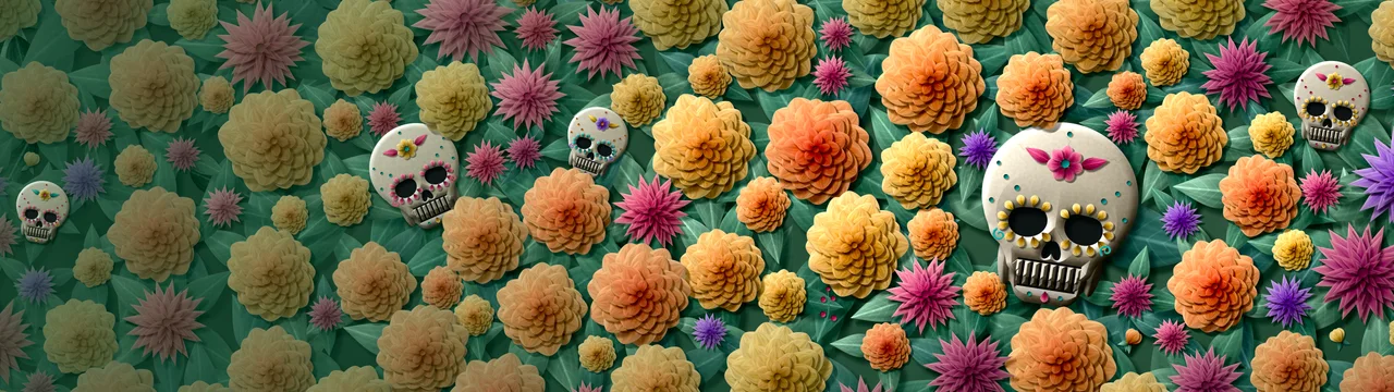 Dark Green Paper Sugar Skull and Marigolds dual monitor wallpaper, 7680 × 2160