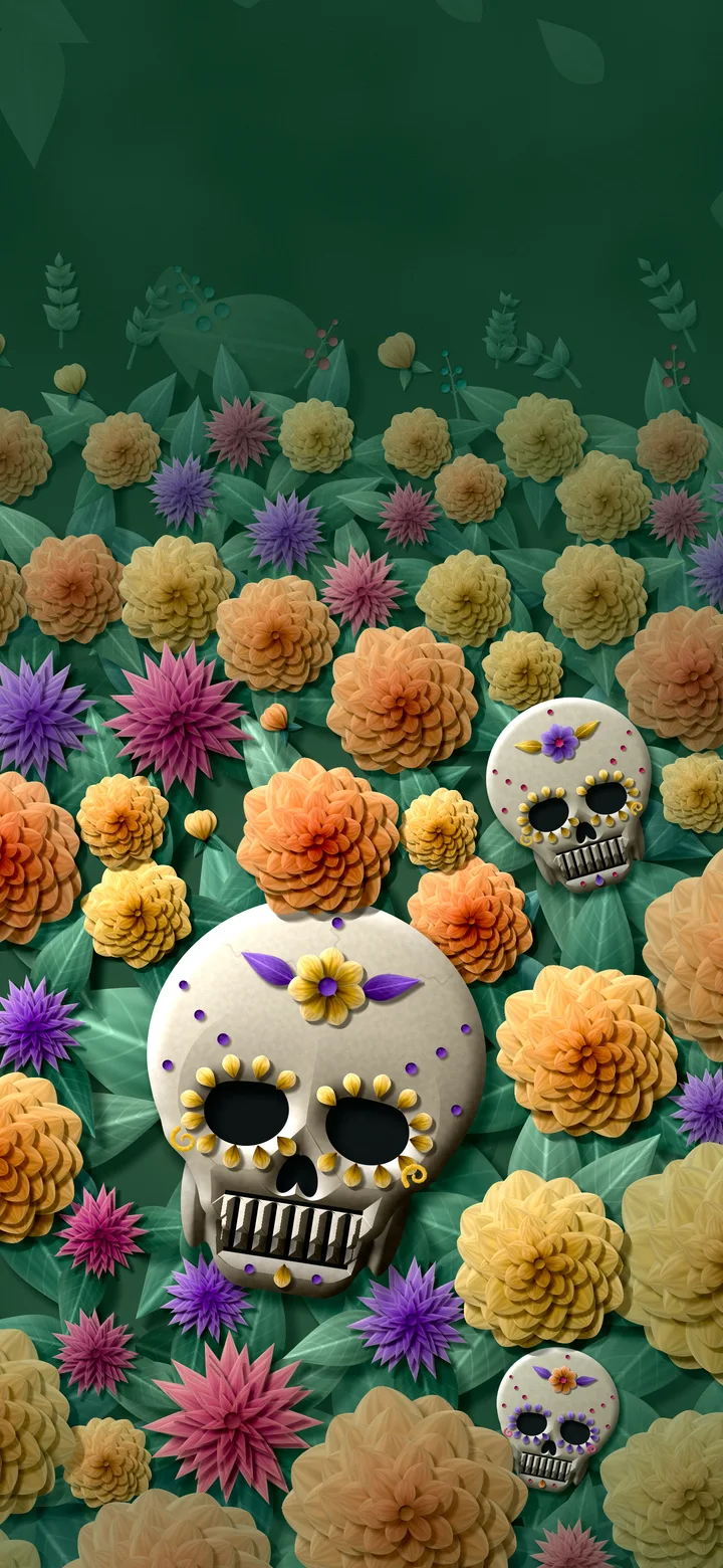 Dark Green Paper Sugar Skull and Marigolds wallpaper for iPhone and Android