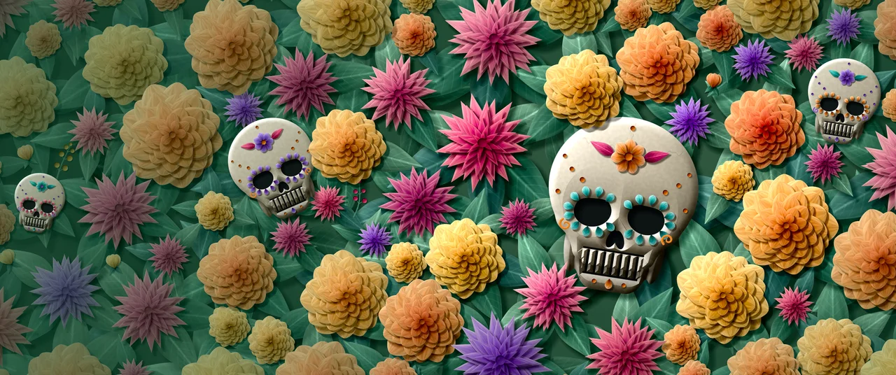 Dark Green Paper Sugar Skull and Marigolds ultrawide wallpaper, 3440 × 1440