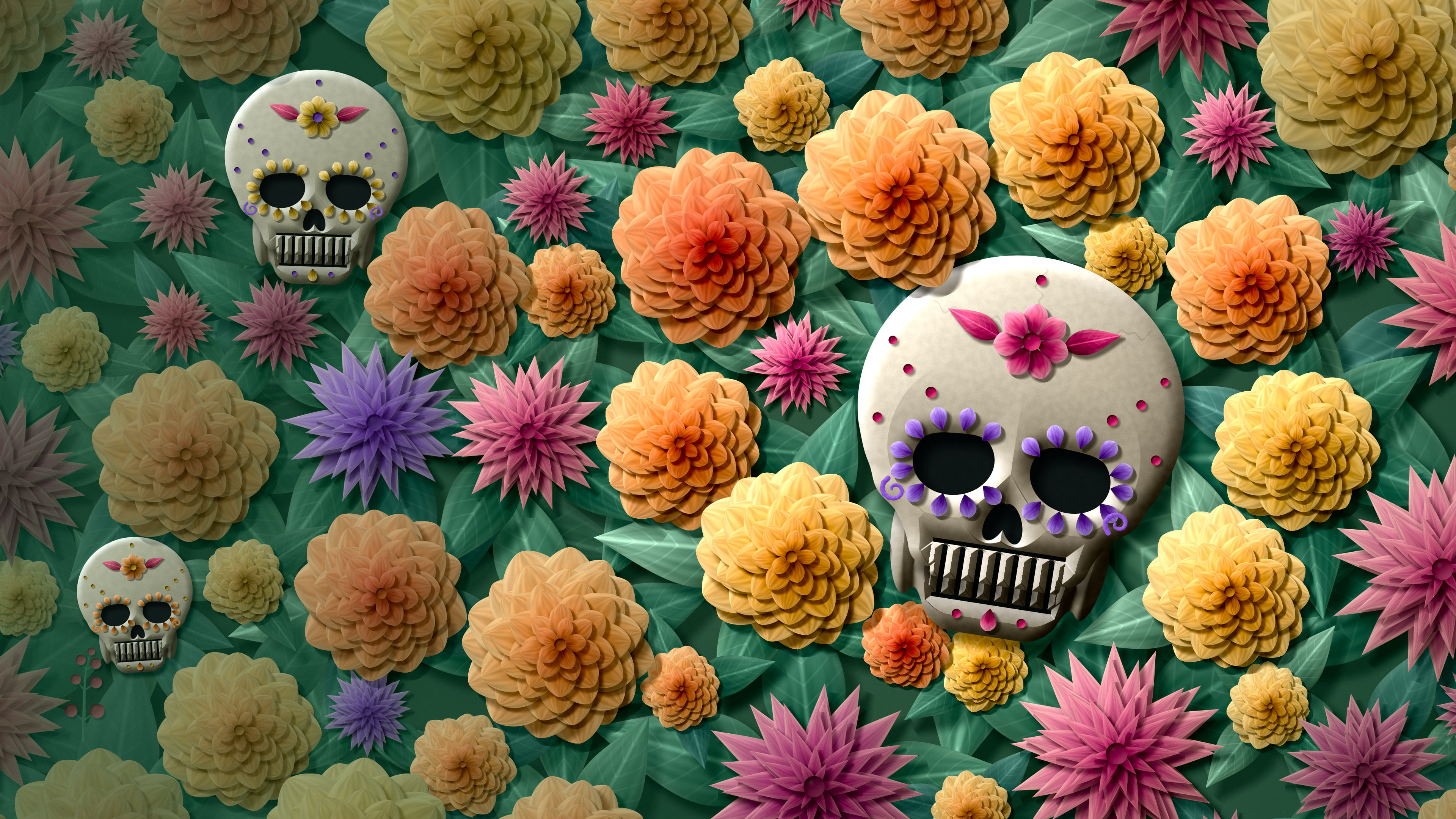 Dark Green Paper Sugar Skull and Marigolds desktop wallpaper in 4K