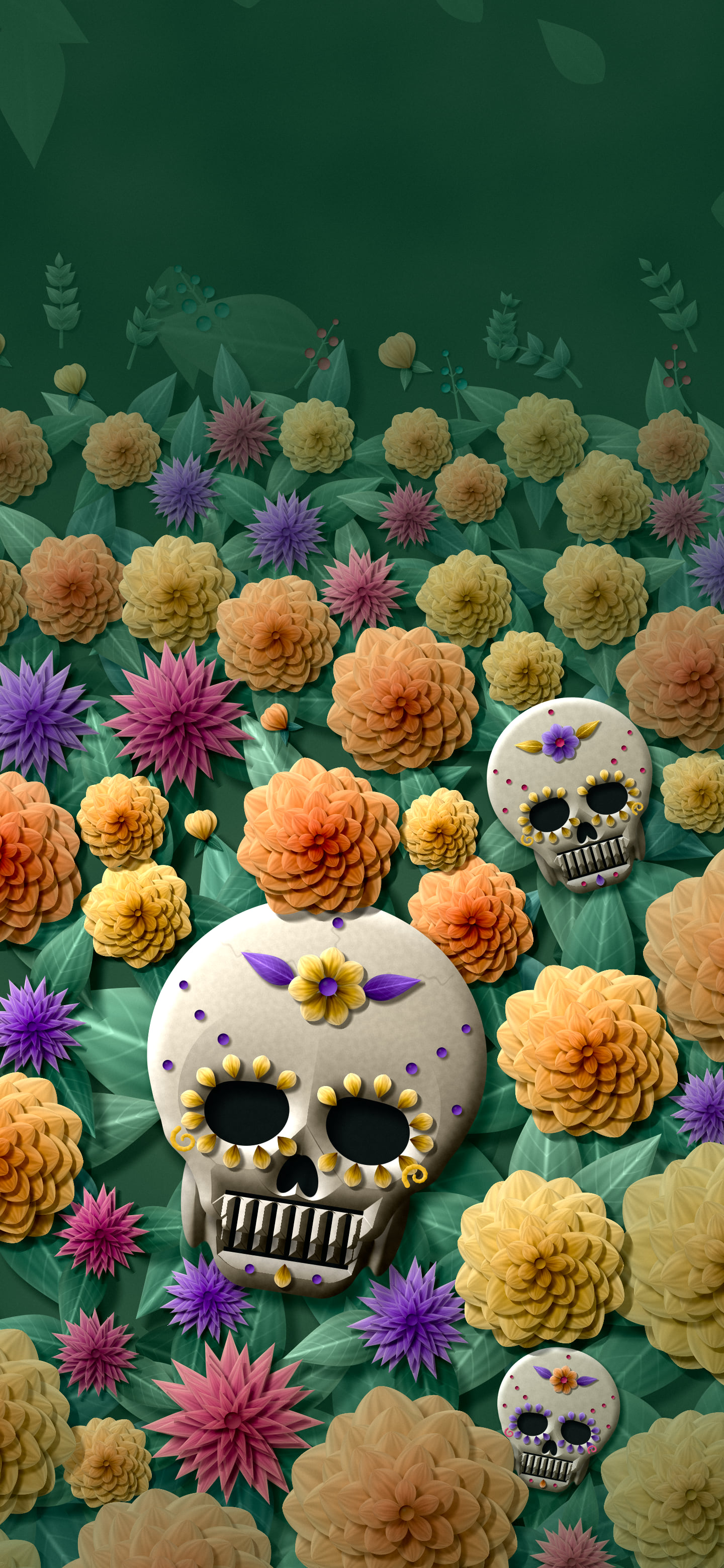 Dark Green Paper Sugar Skull and Marigolds wallpaper for iPhone and Android