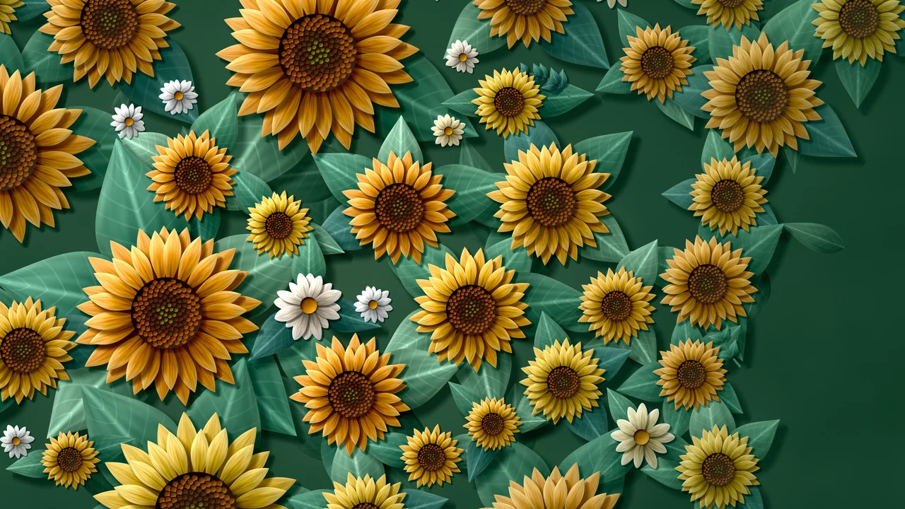 Dark Green Paper Sunflower Pattern desktop wallpaper in 4K
