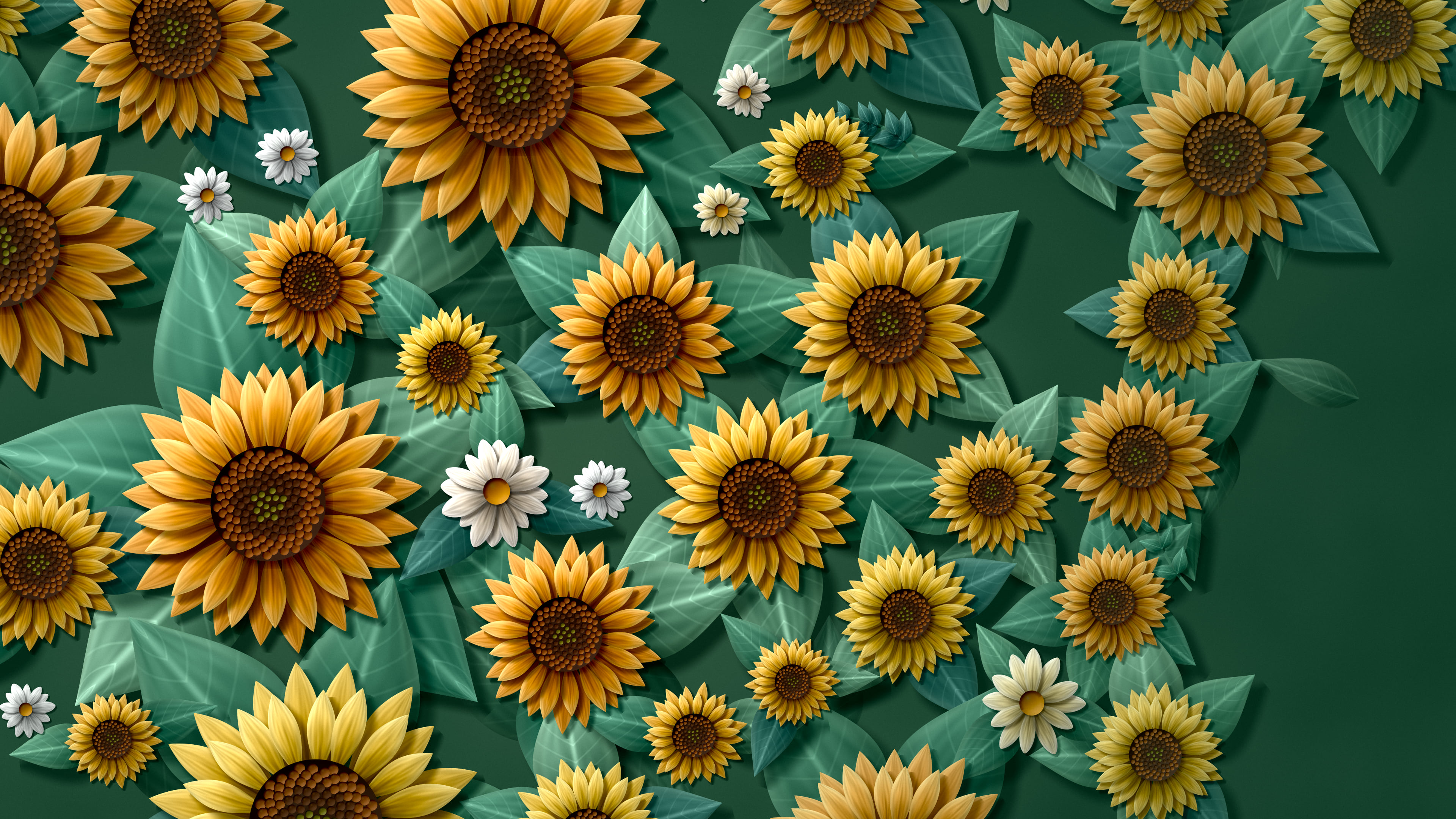 Dark Green Paper Sunflower Pattern desktop wallpaper in 4K