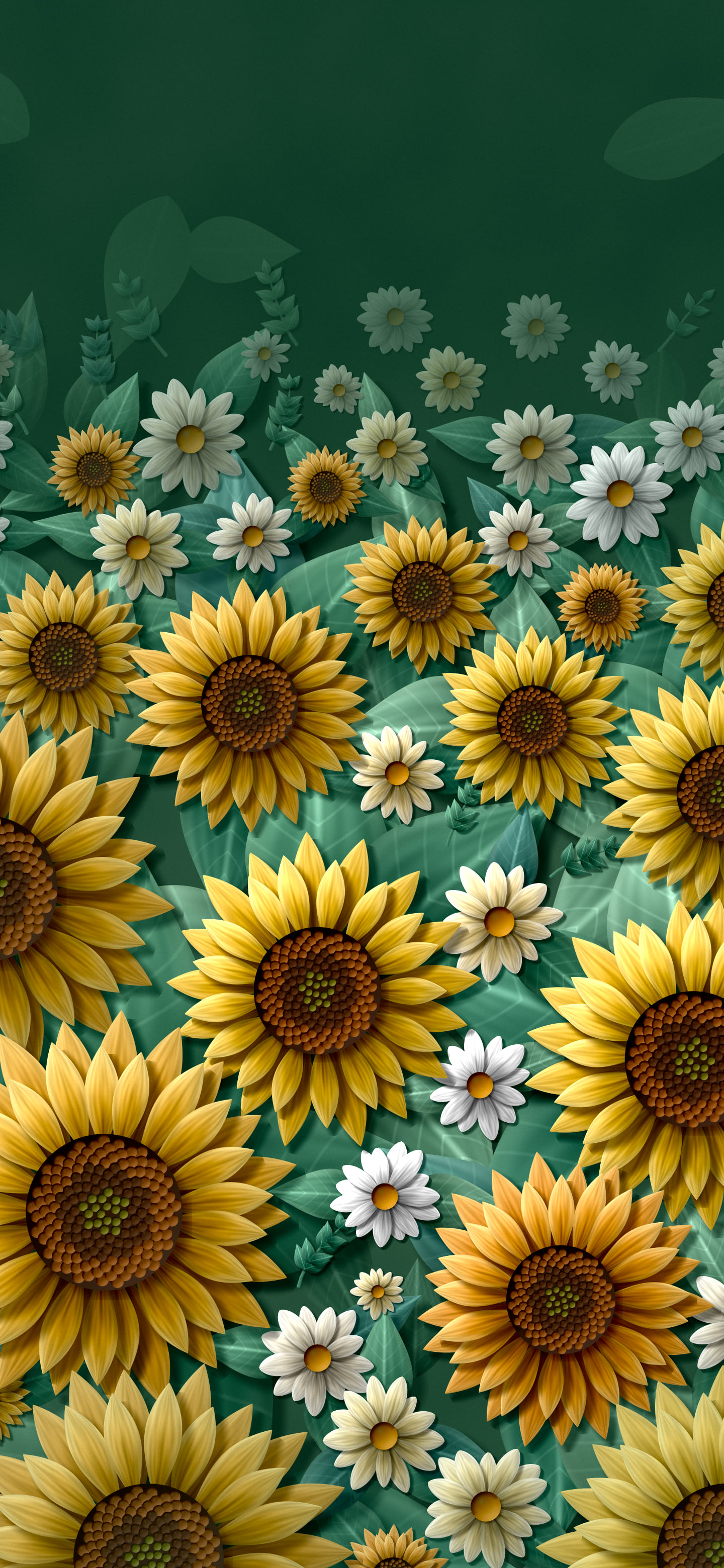 Dark Green Paper Sunflower Pattern wallpaper for iPhone and Android