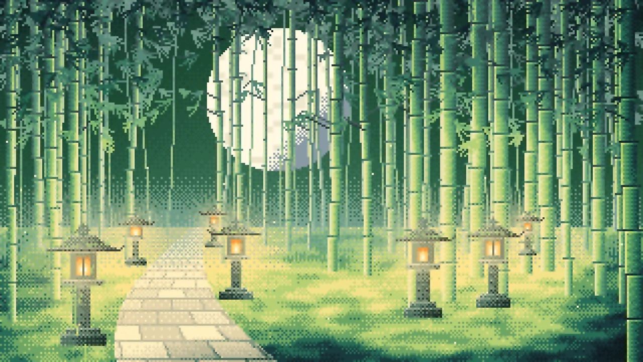 Dark Green Pixel Art Bamboo Path at Night desktop wallpaper in 4K