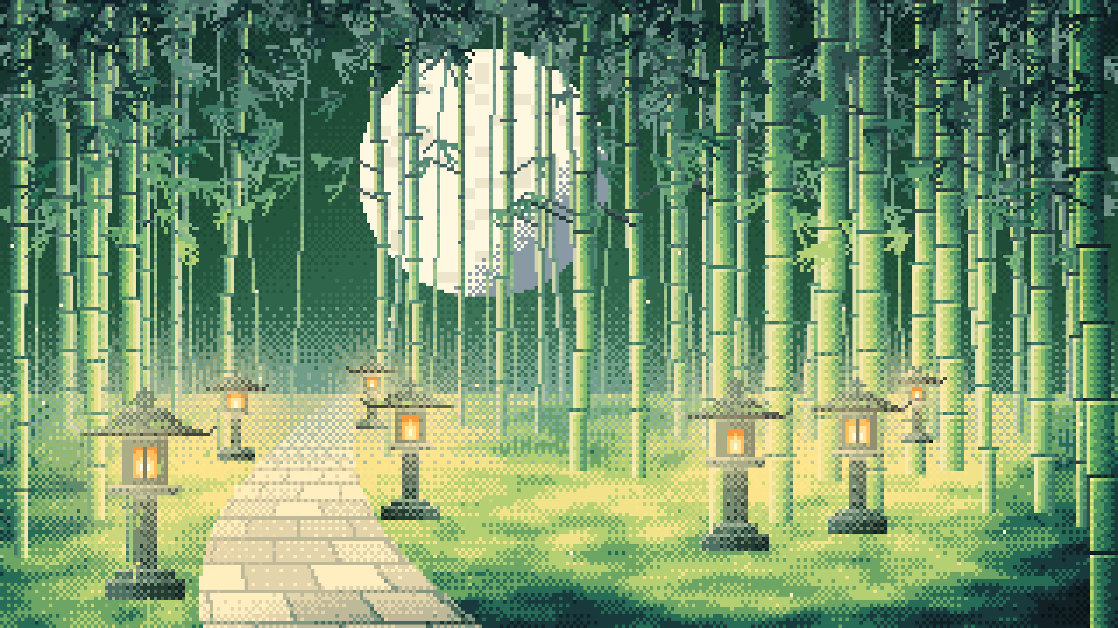 Dark Green Pixel Art Bamboo Path at Night desktop wallpaper in 4K