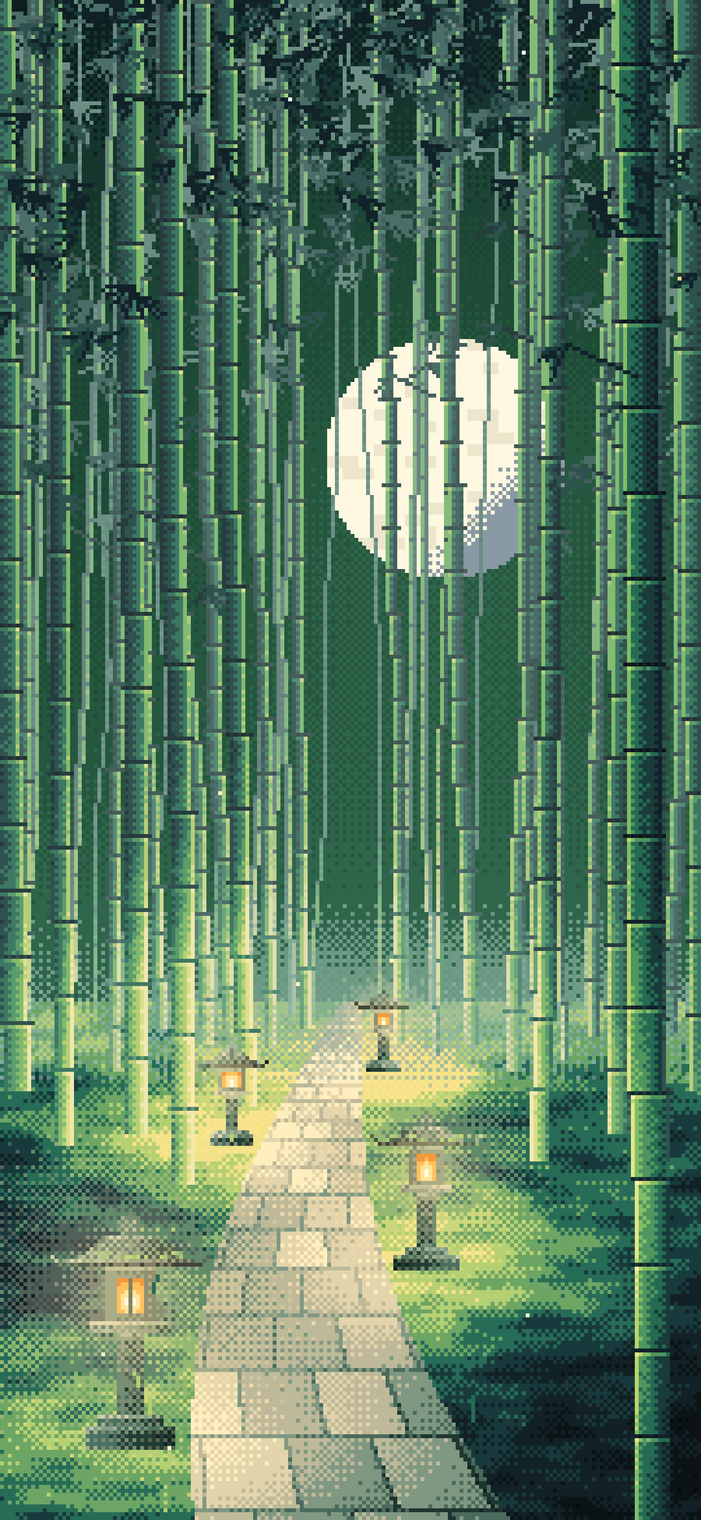 Dark Green Pixel Art Bamboo Path at Night wallpaper for iPhone and Android