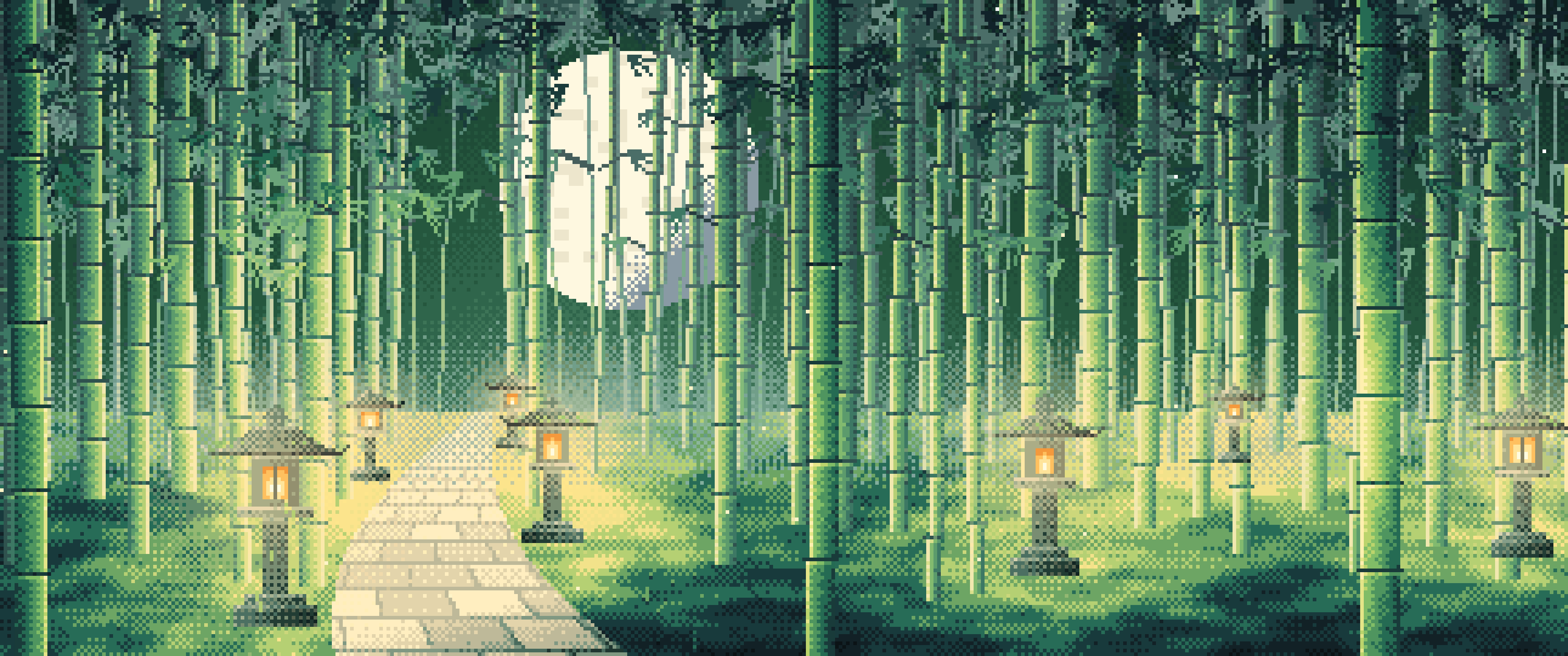 Dark Green Pixel Art Bamboo Path at Night ultrawide wallpaper, 3440 × 1440