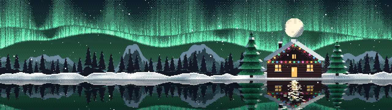 Dark Green Pixel Art Christmas Cabin dual monitor wallpaper, 7680 × 2160