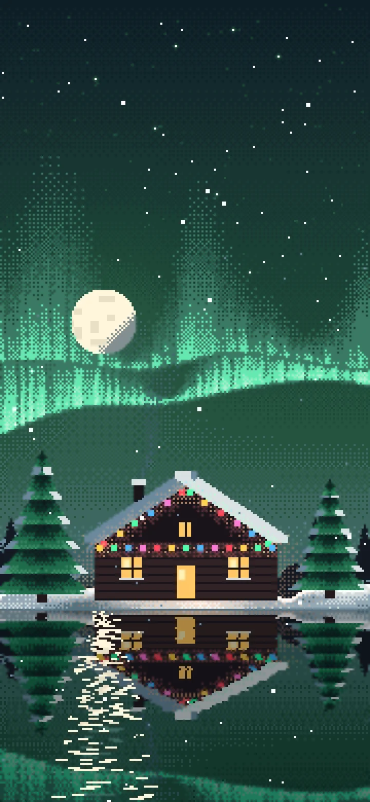 Dark Green Pixel Art Christmas Cabin wallpaper for iPhone and Android