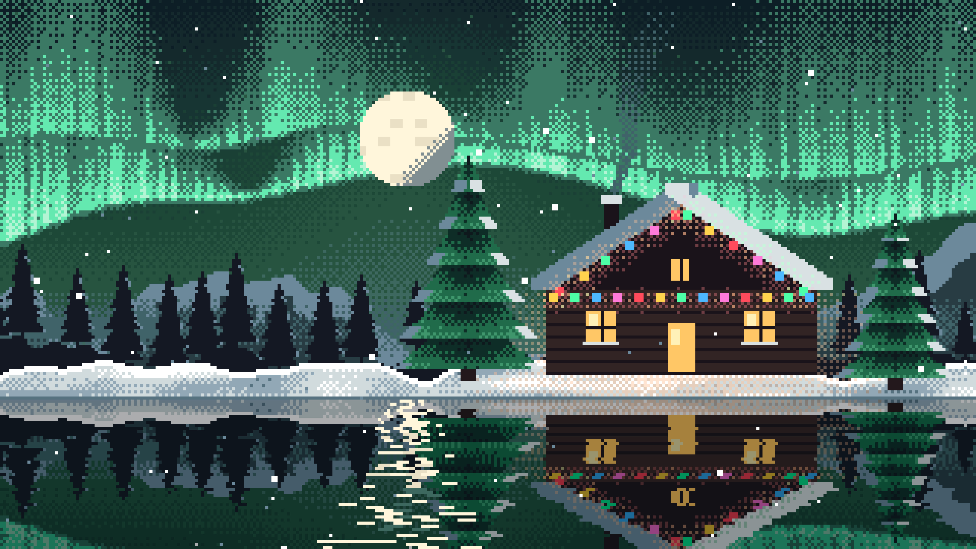Dark Green Pixel Art Christmas Cabin desktop wallpaper in 4K