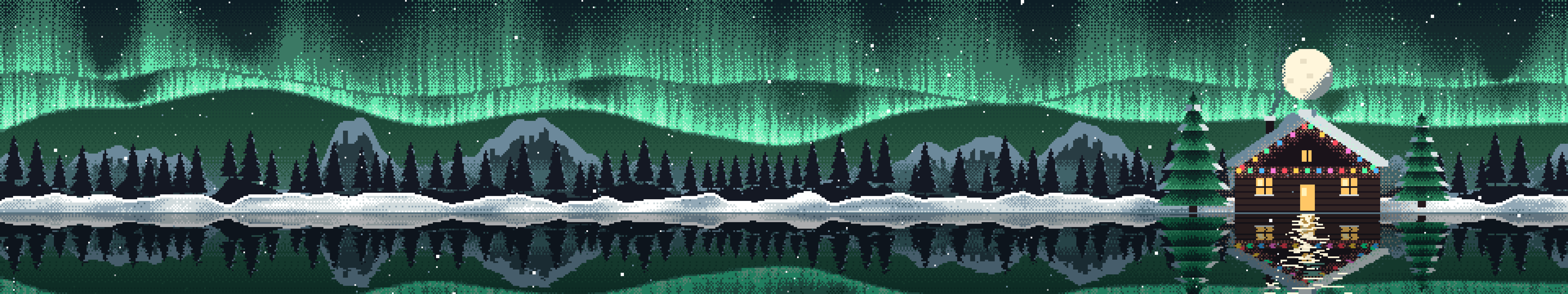 Dark Green Pixel Art Christmas Cabin triple monitor wallpaper, 7680 × 1440