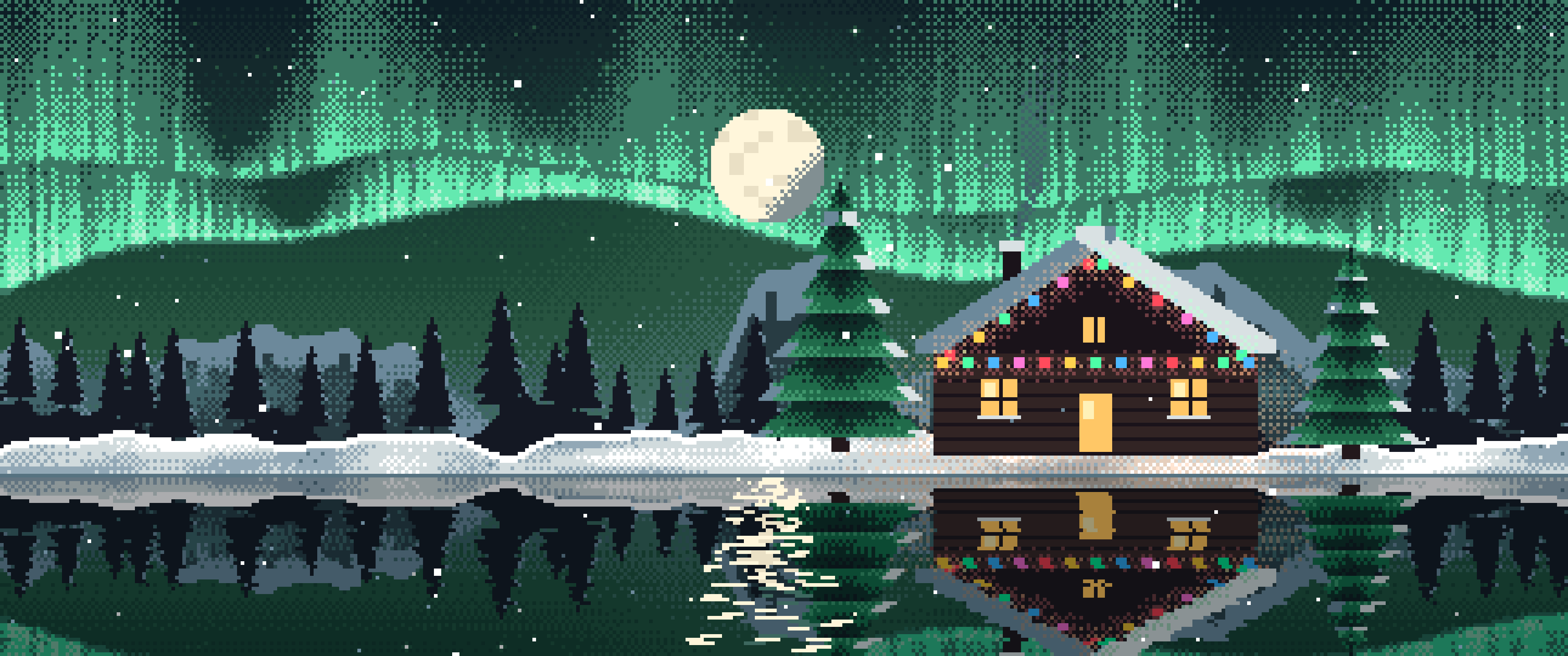 Dark Green Pixel Art Christmas Cabin ultrawide wallpaper, 3440 × 1440