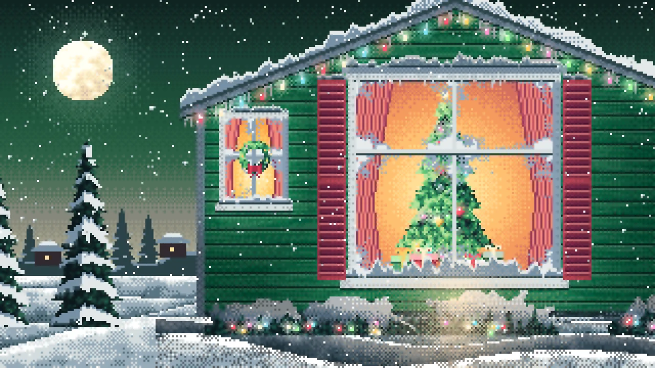 Dark Green Pixel Art Christmas Tree Through a Frosted Window desktop wallpaper in 4K