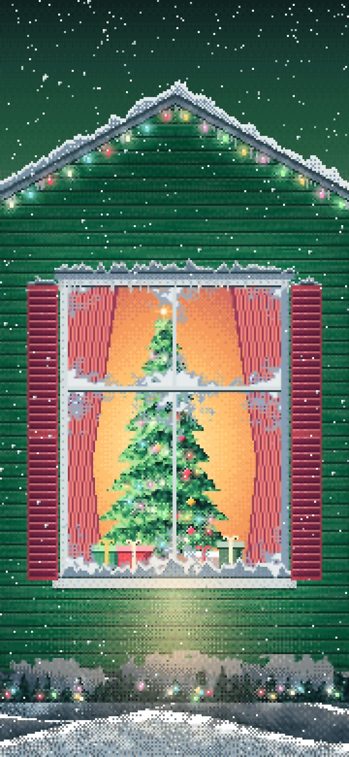 Dark Green Pixel Art Christmas Tree Through a Frosted Window wallpaper for iPhone and Android
