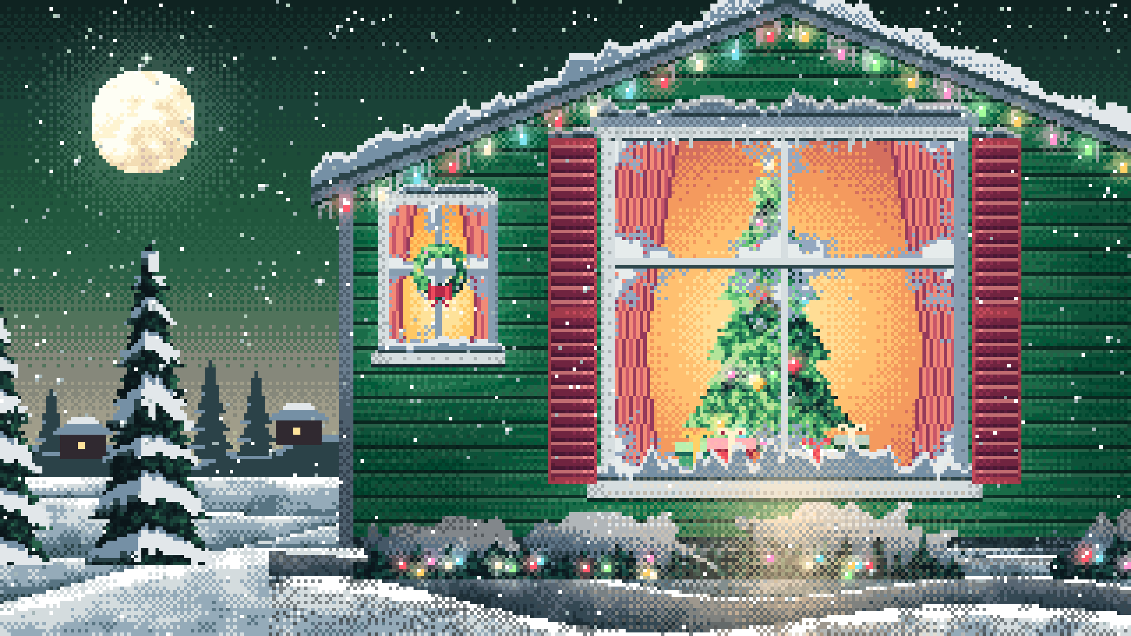 Dark Green Pixel Art Christmas Tree Through a Frosted Window desktop wallpaper in 4K