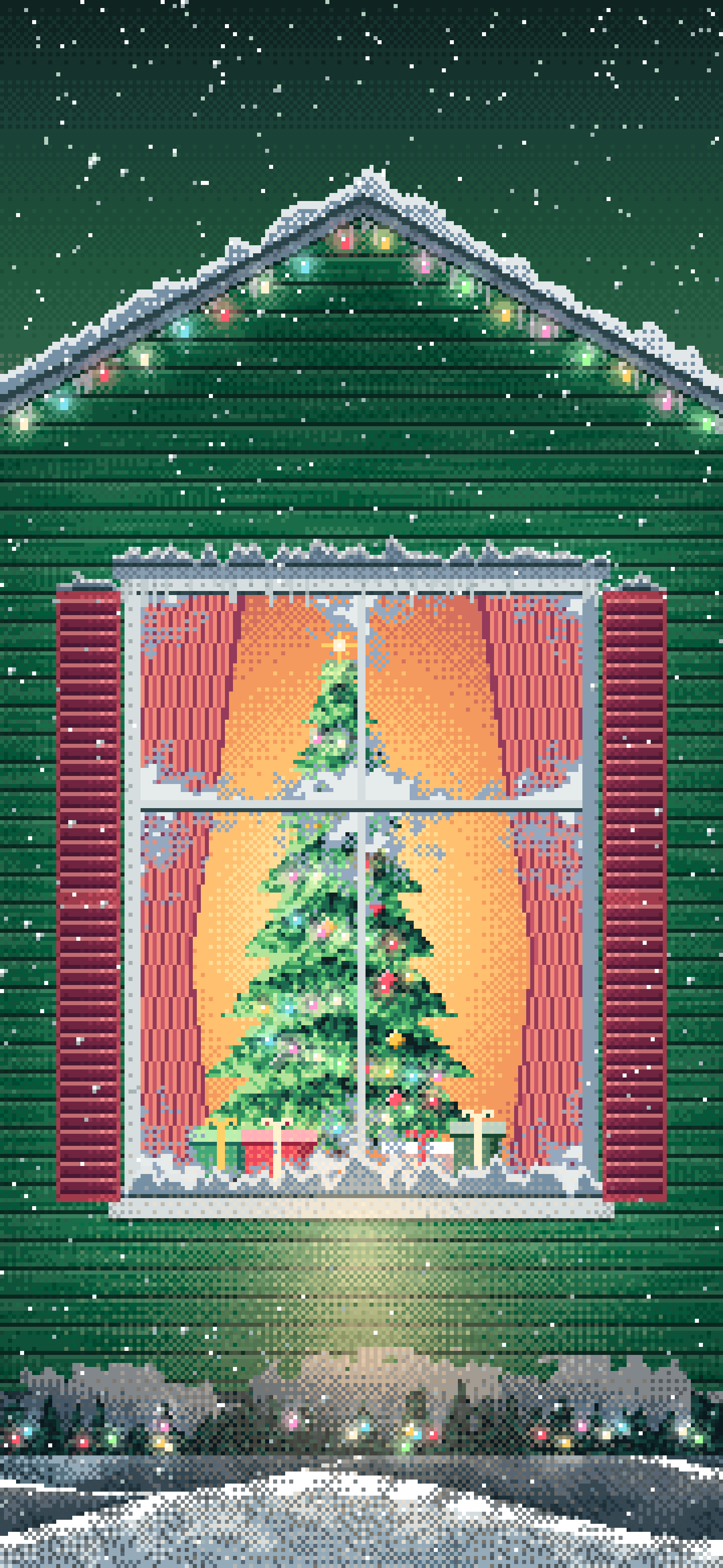 Dark Green Pixel Art Christmas Tree Through a Frosted Window wallpaper for iPhone and Android