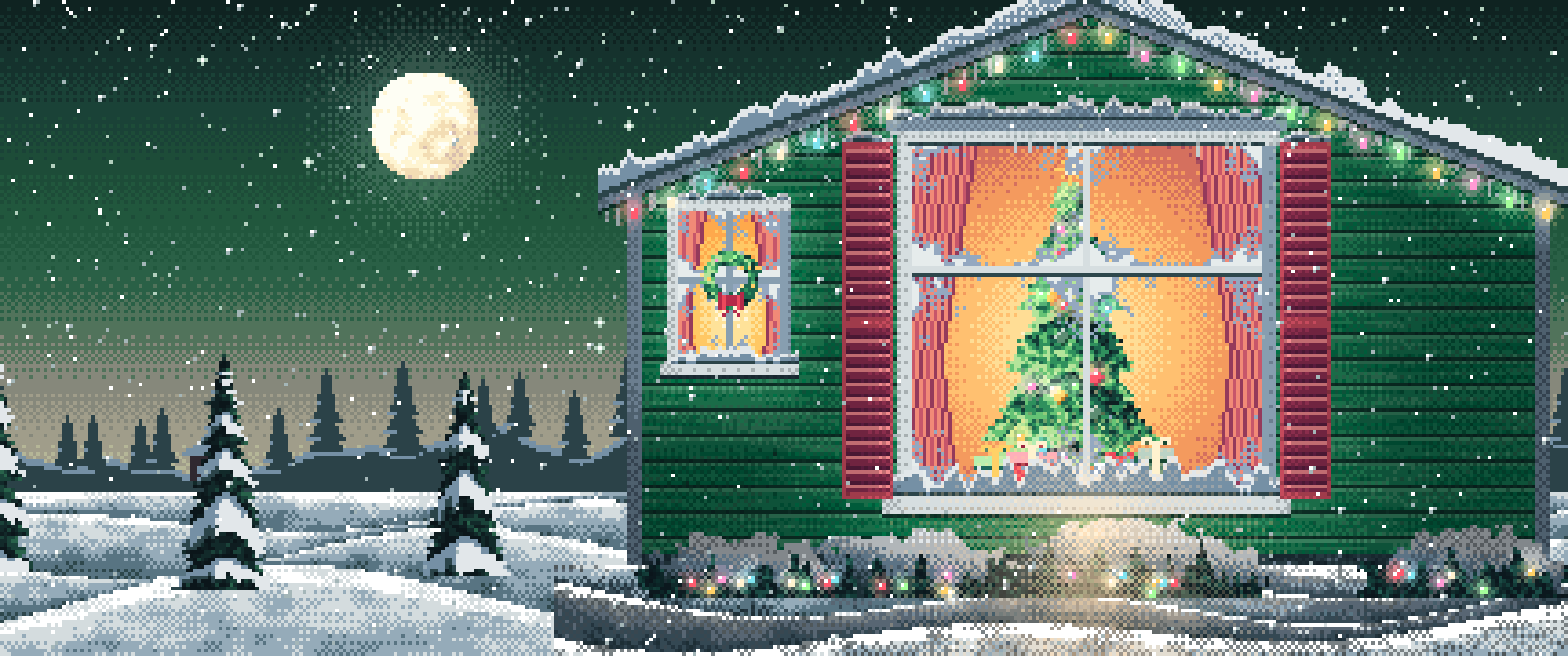 Dark Green Pixel Art Christmas Tree Through a Frosted Window ultrawide wallpaper, 3440 × 1440