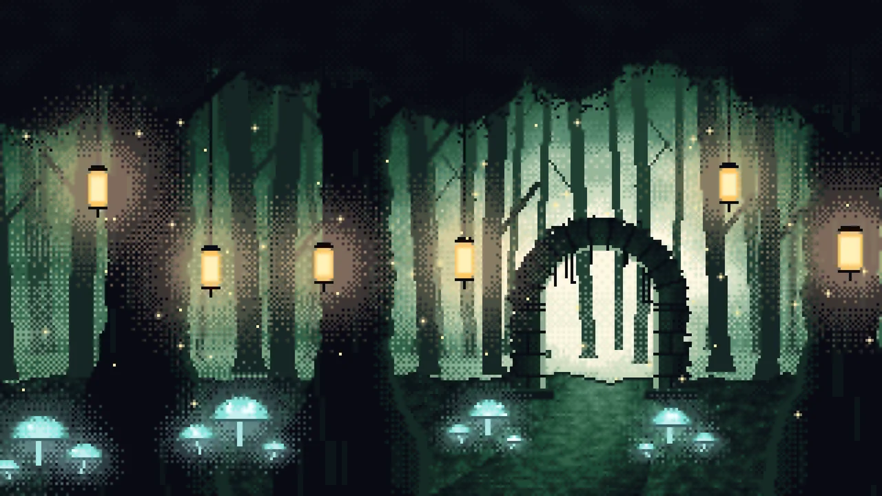 Dark Green Pixel Art Enchanted Forest desktop wallpaper in 4K