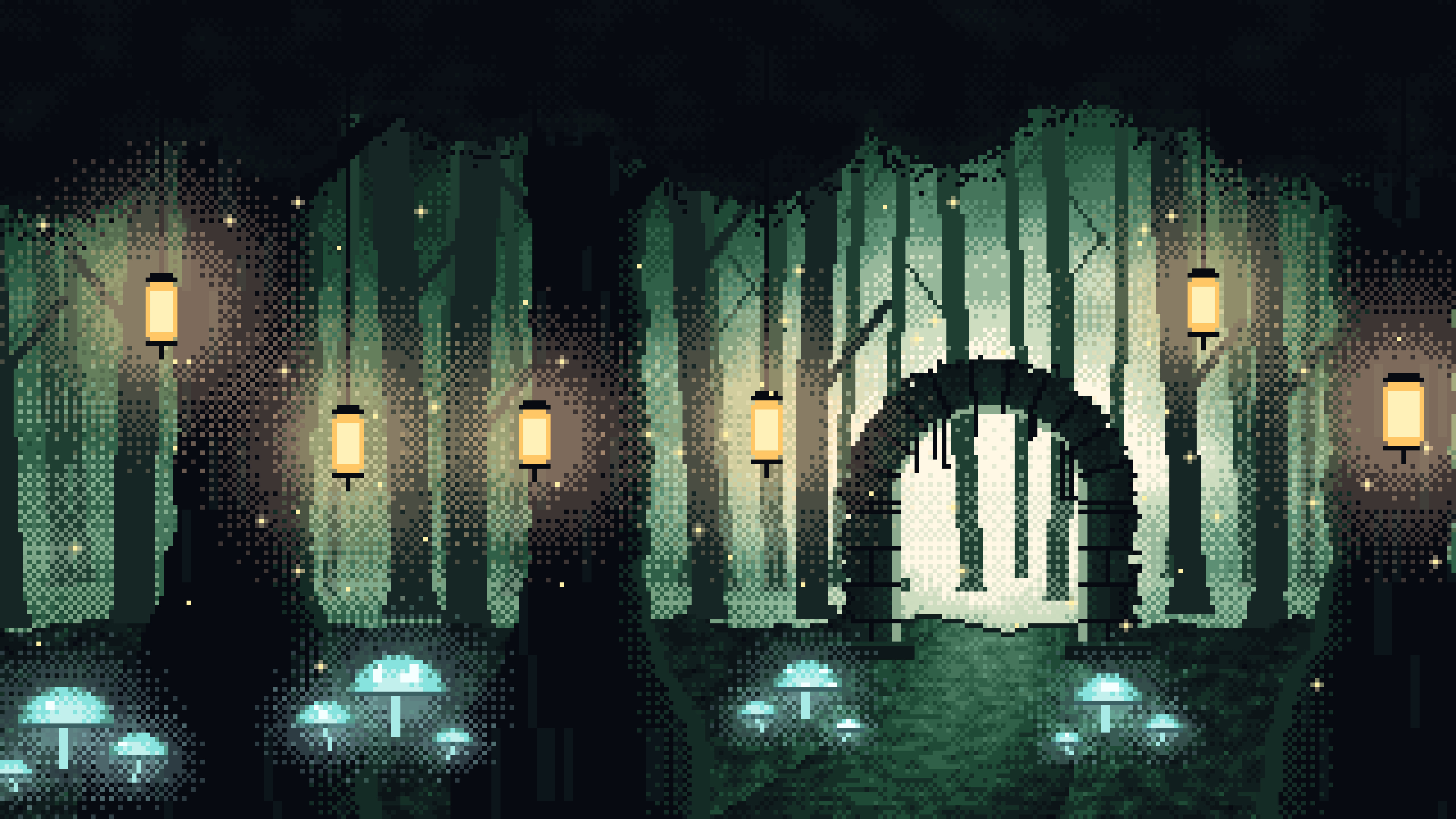 Dark Green Pixel Art Enchanted Forest desktop wallpaper in 4K