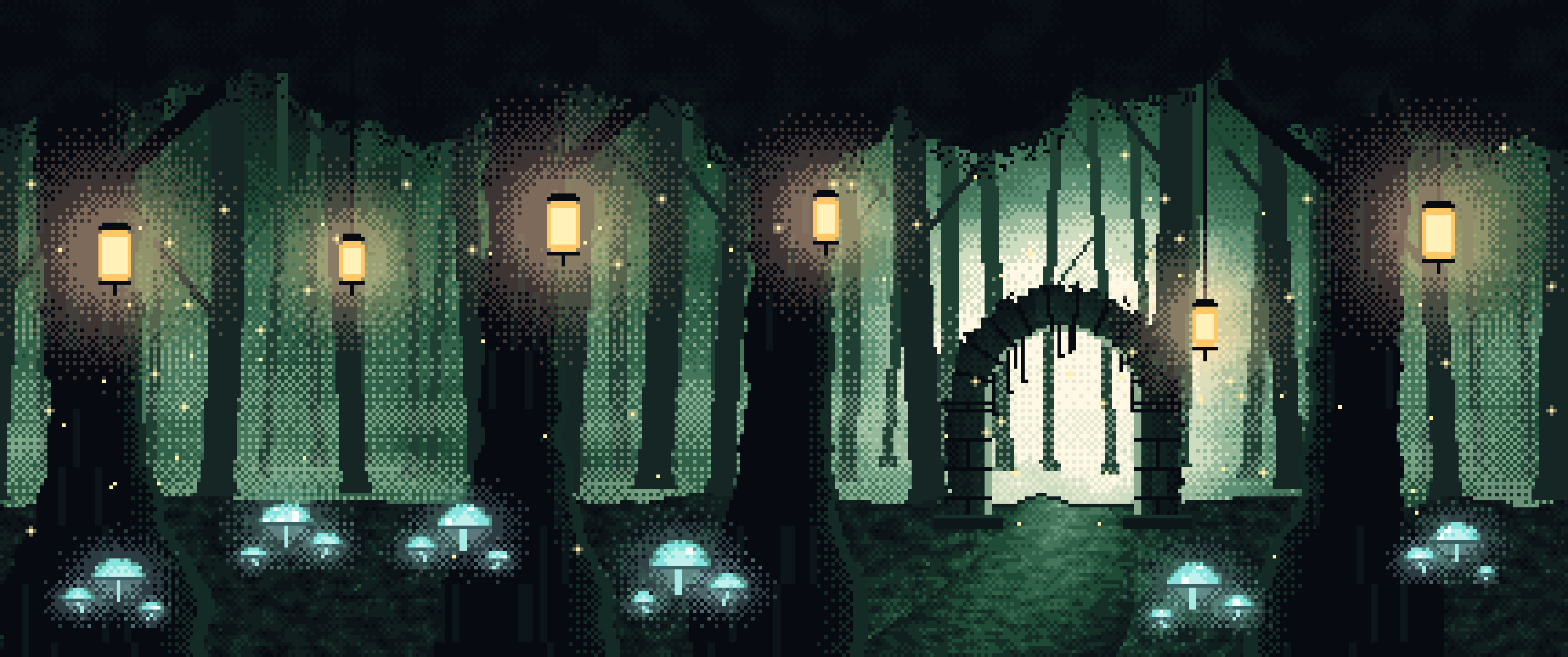 Dark Green Pixel Art Enchanted Forest ultrawide wallpaper, 3440 × 1440