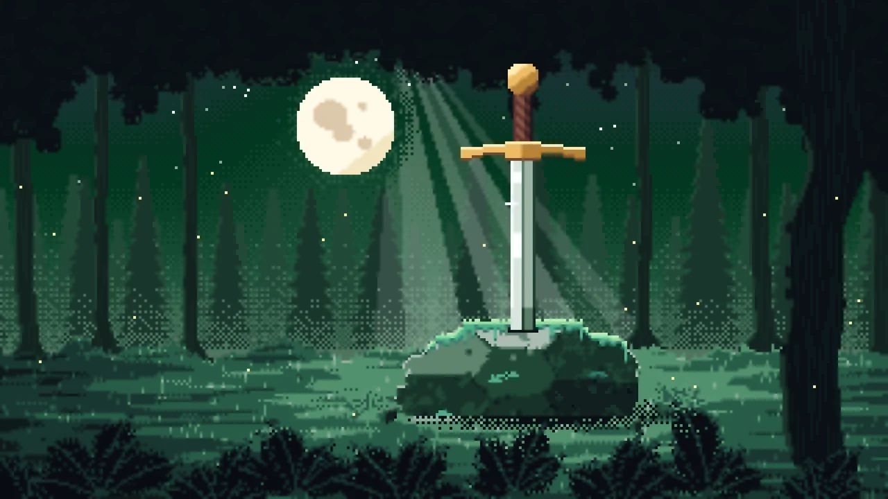 Dark Green Pixel Art Sword in a Forest Clearing at Night desktop wallpaper in 4K