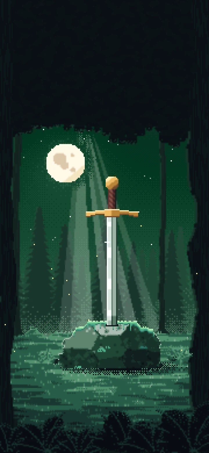 Dark Green Pixel Art Sword in a Forest Clearing at Night wallpaper for iPhone and Android