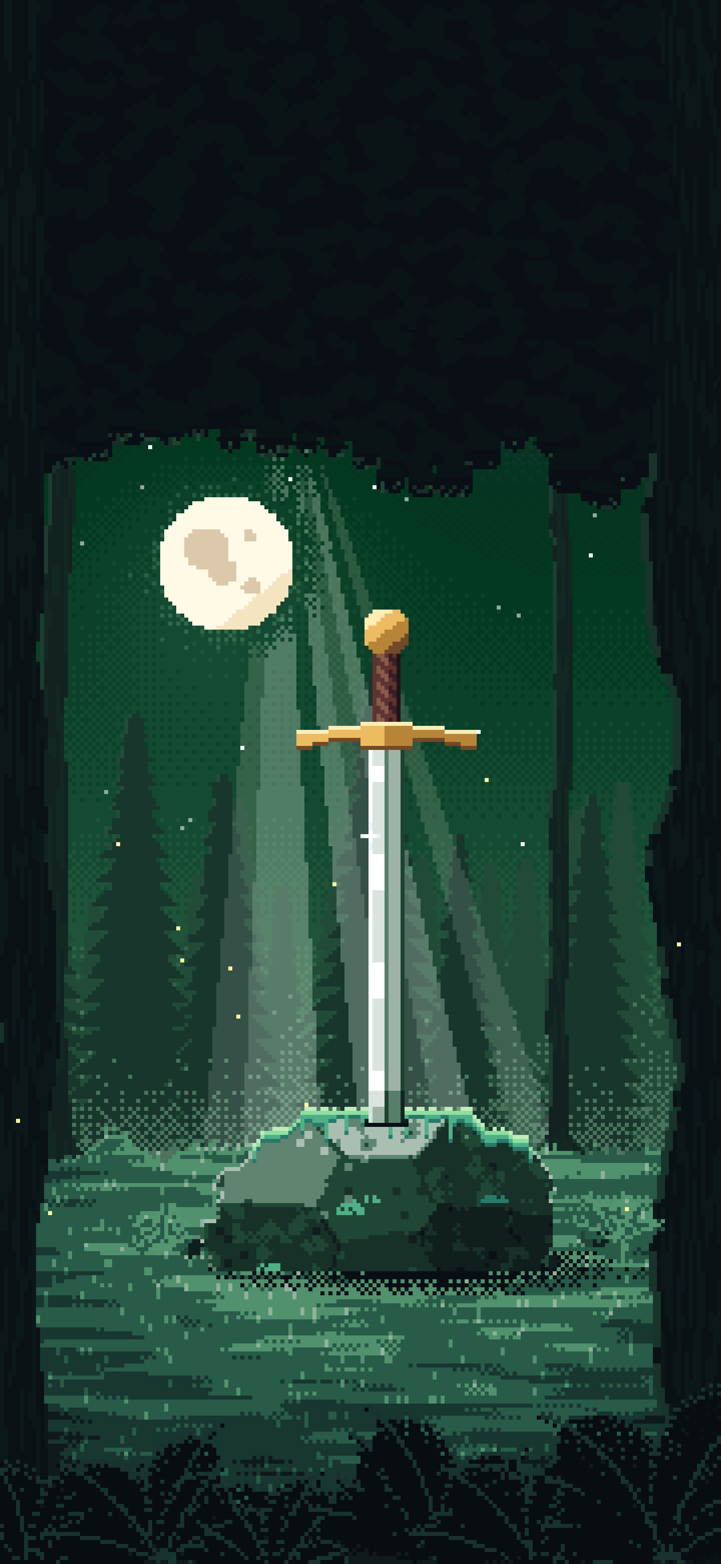 Dark Green Pixel Art Sword in a Forest Clearing at Night wallpaper for iPhone and Android