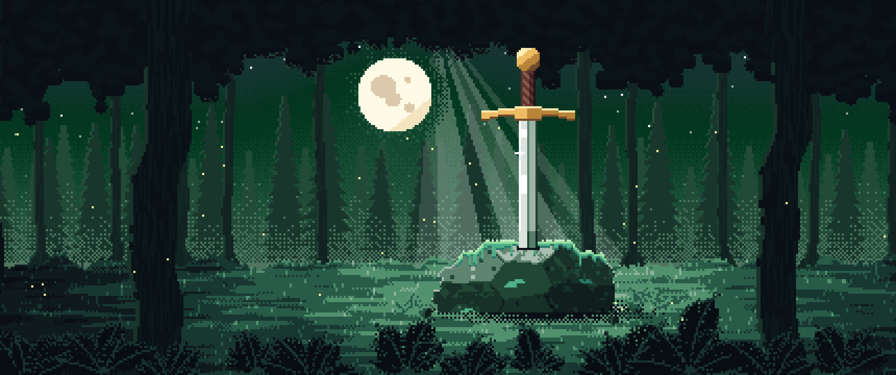 Dark Green Pixel Art Sword in a Forest Clearing at Night ultrawide wallpaper, 3440 × 1440
