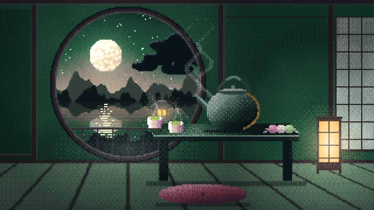 Dark Green Pixel Art Tea House and Moon Window desktop wallpaper in 4K