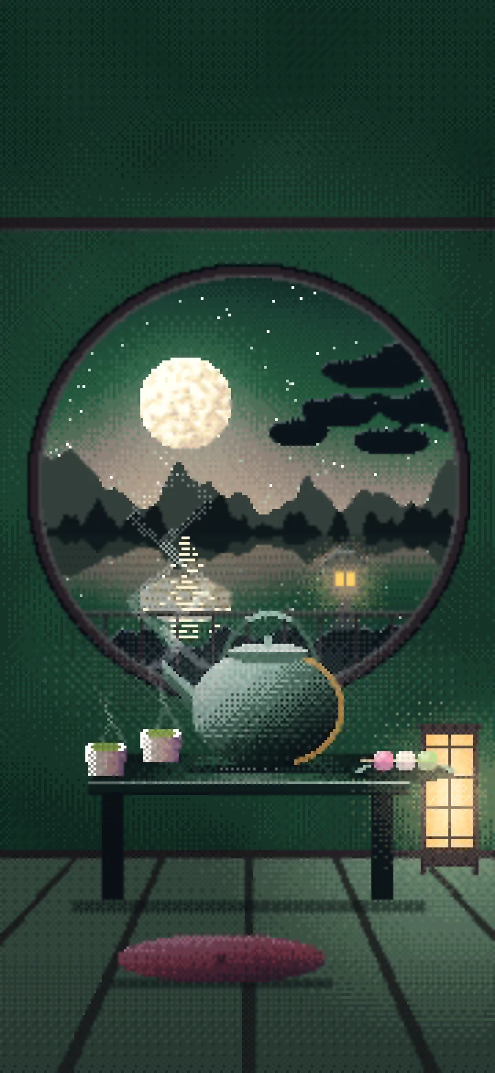 Dark Green Pixel Art Tea House and Moon Window wallpaper for iPhone and Android